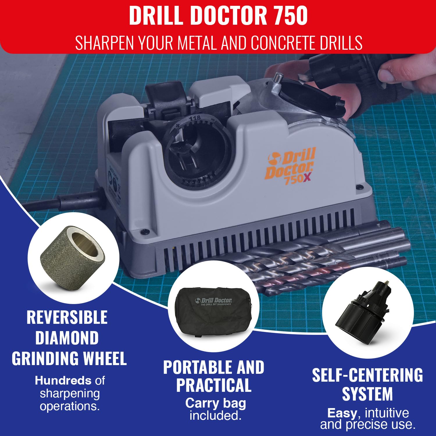 Tivoly Drill Doctor 750 – ostrzałka do wierteł (2,5 do 19 mm, końcówka 118º i 135 stopni)