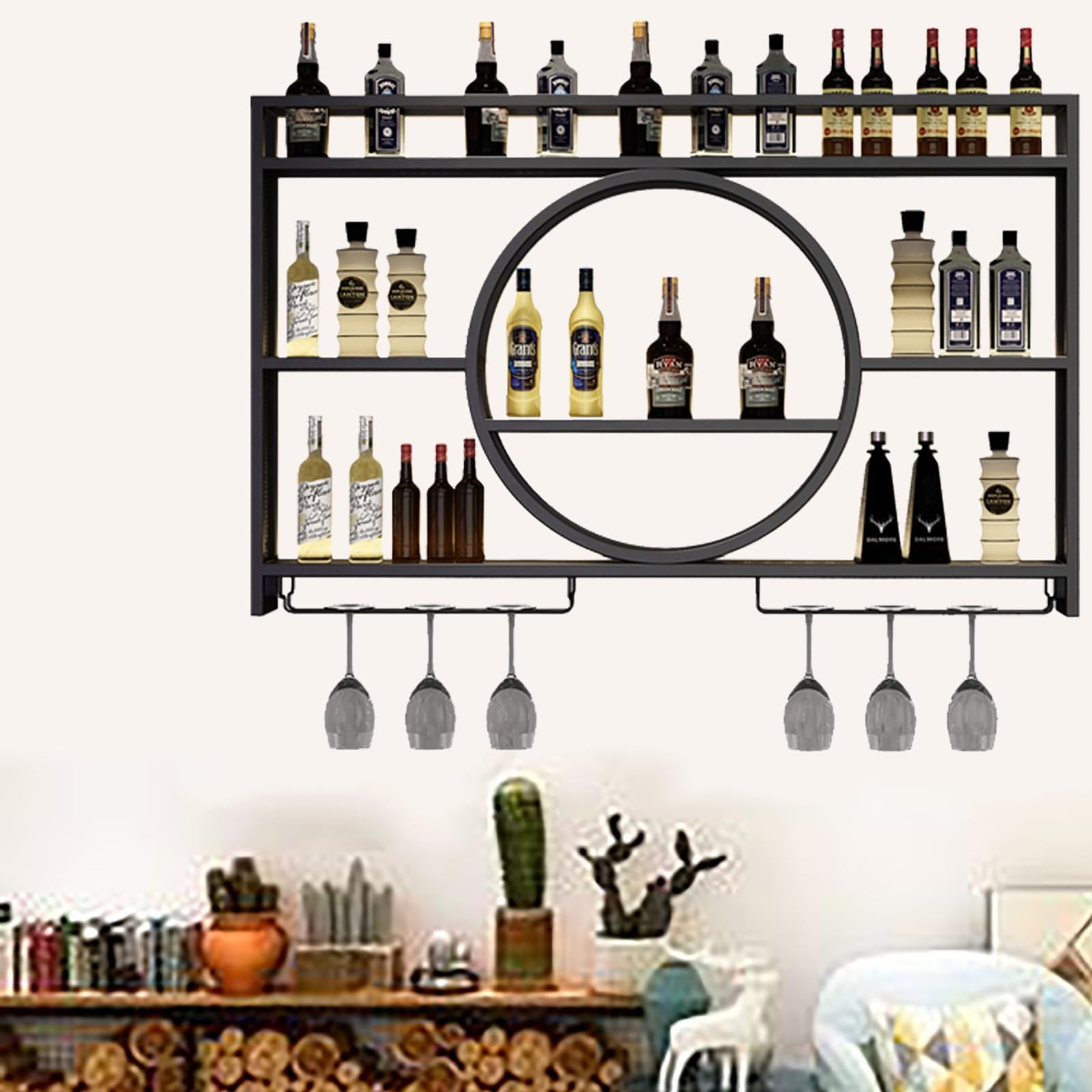 Casier à vin mural industriel en métal avec 3 supports pour verres