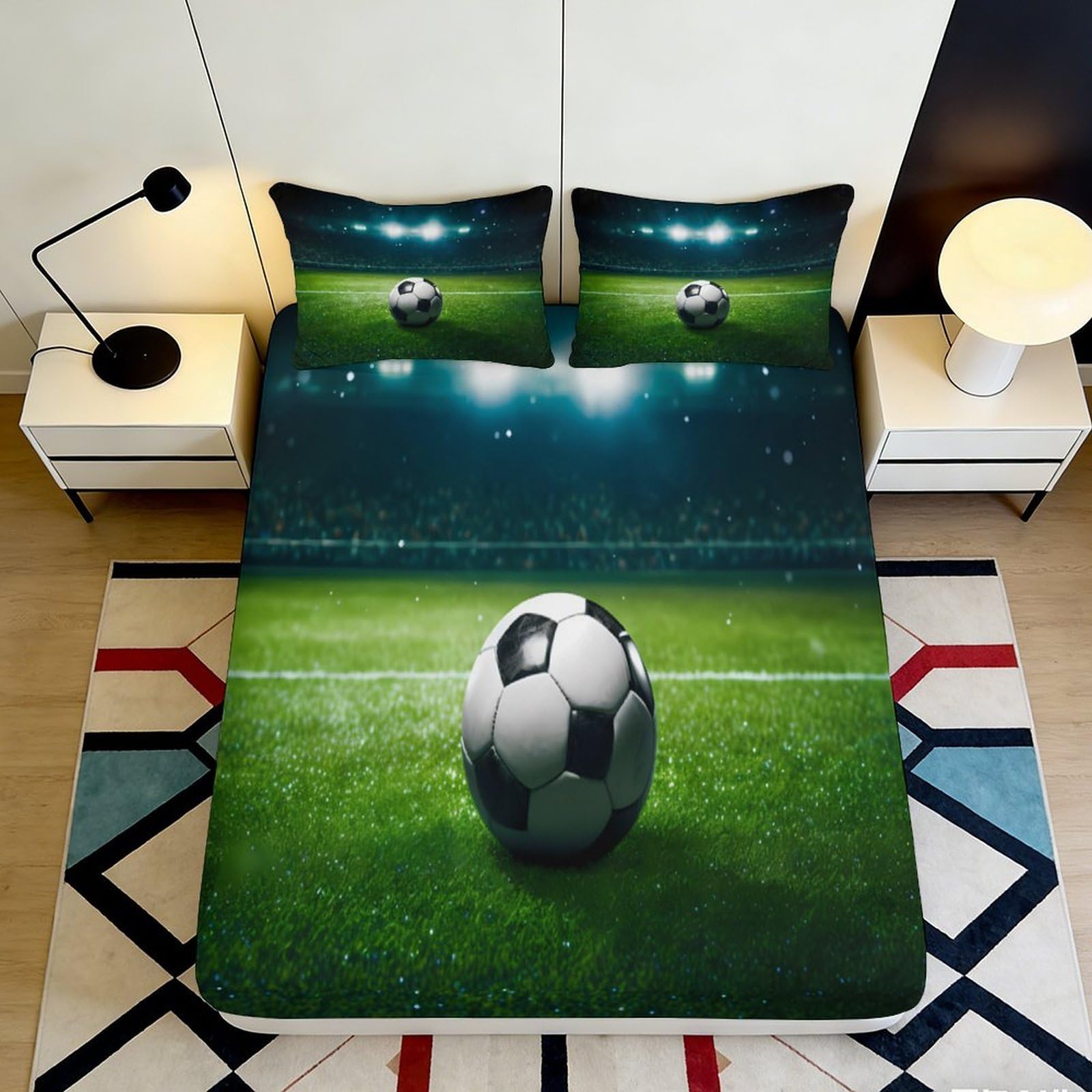 3D Printed Football Stadium Fitted Sheet Microfiber Soft Breathable Soccer Field Mattress Cover for Bedroom Decor 90x200x25cm