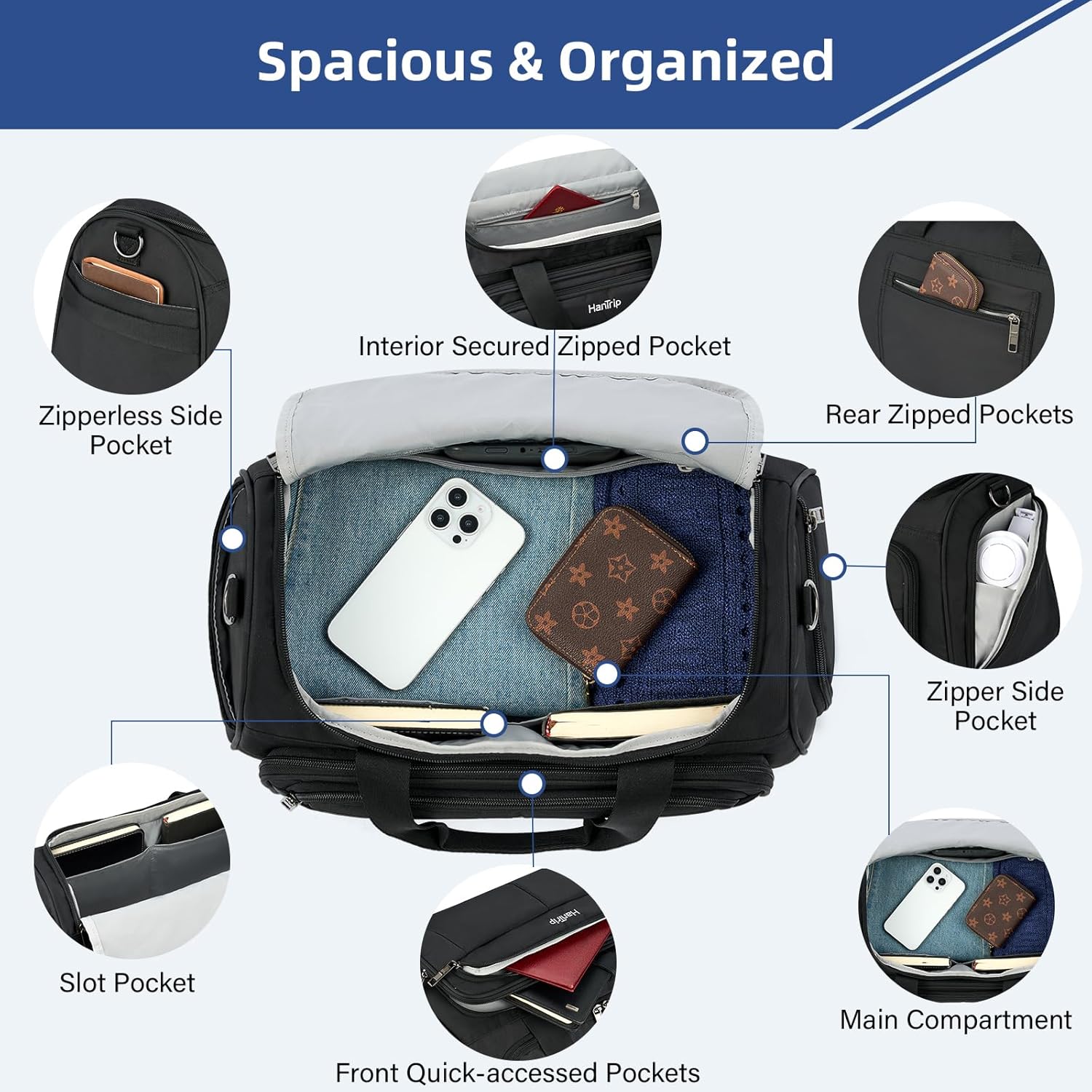 Carry on Duffel Bag Foldable Duffle Bags for Travel, Under Seat Personal Item Bags for Airplanes, Weekender Overnight Mens Travel Tote Bag for Women Small Softside Carry on Luggage (Black) - Image 4