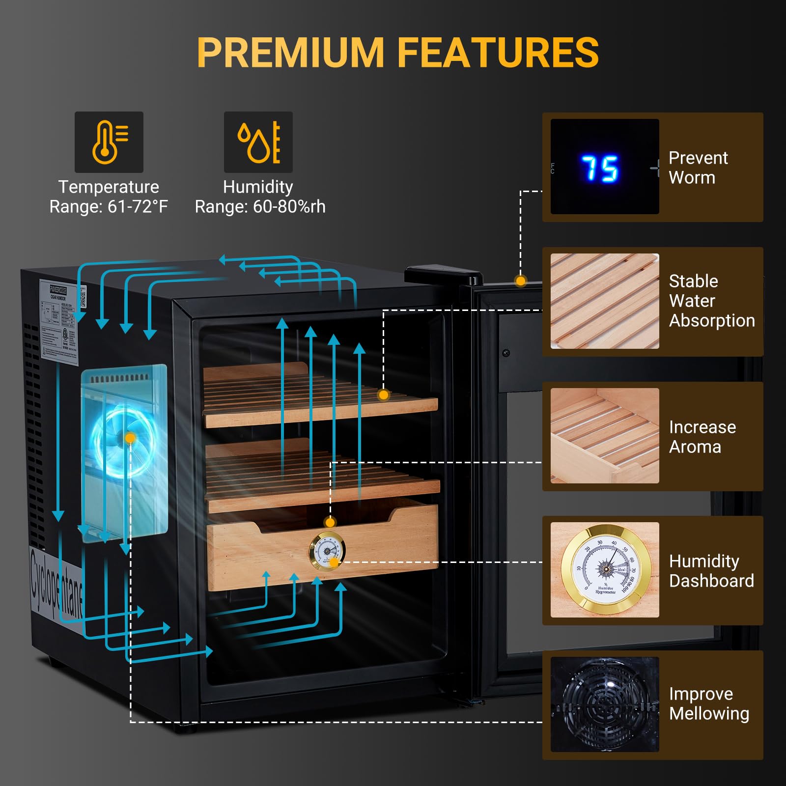 Snapklik.com : Cigar Humidor Cabinet 200 Count, 3 In 1 33L Electric Humidor