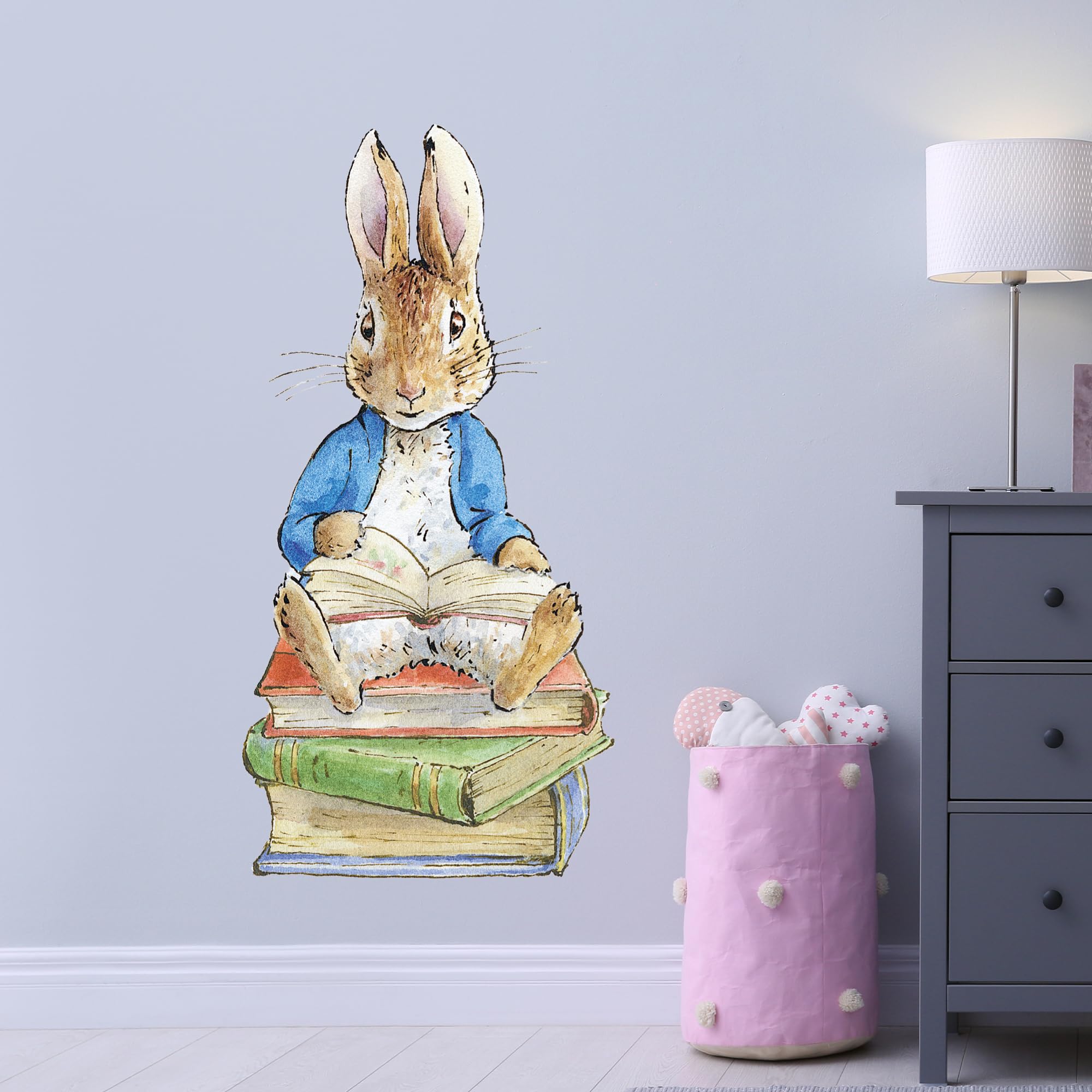 Peter Rabbit Wall Sticker - Peter Rabbit Sitting on Stack of Books Decal Wall Art (60cm Height x 30cm Width)