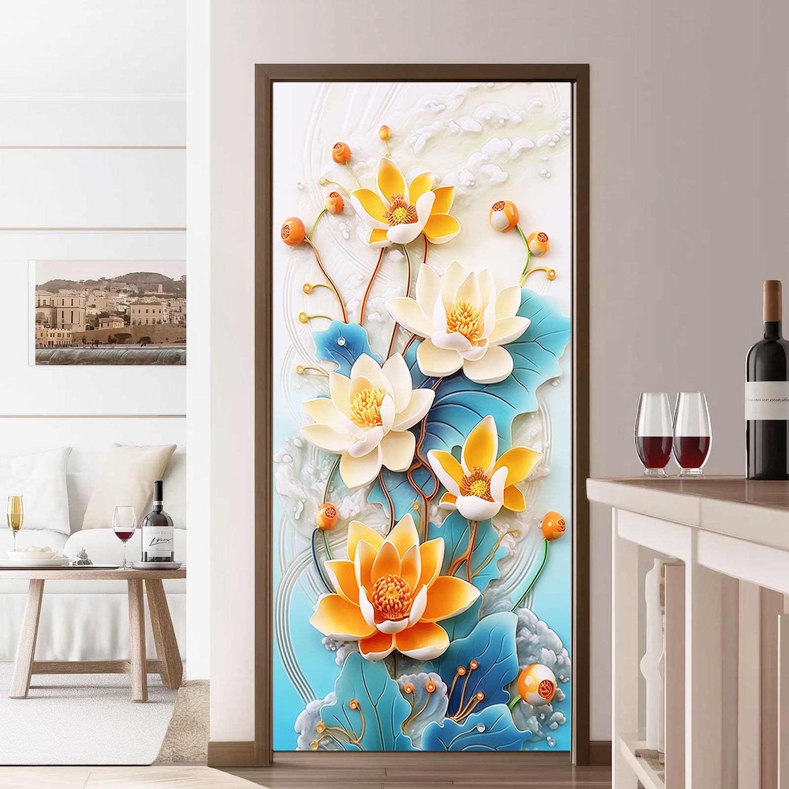 Floreale Lotus - Poster adesivo da parete, autoadesivo, motivo 3D cinese, piante foglie, blu adesivi per porta in PVC, per camera da letto, soggiorno, cucina, 95 x 215 cm