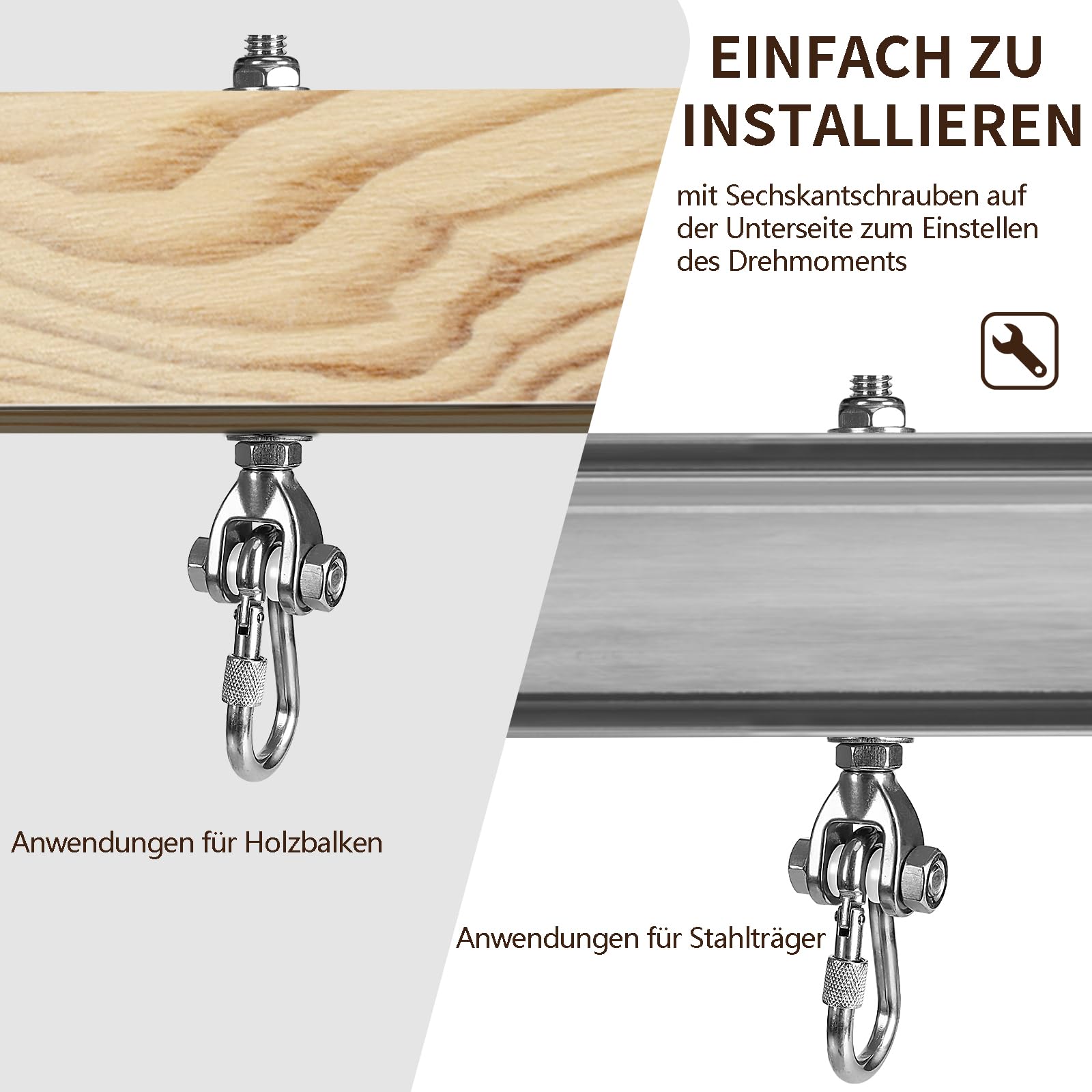 2er Schaukelhaken Karabiner für Müheloses Aufhängen 180°,Hängematte Befestigung Edelstahl Holzbalken M10 Betondecke Aufhängung Hängesessel,227kg Tragkraft für Spielplatz Schaukel Yoga Sandsäcke