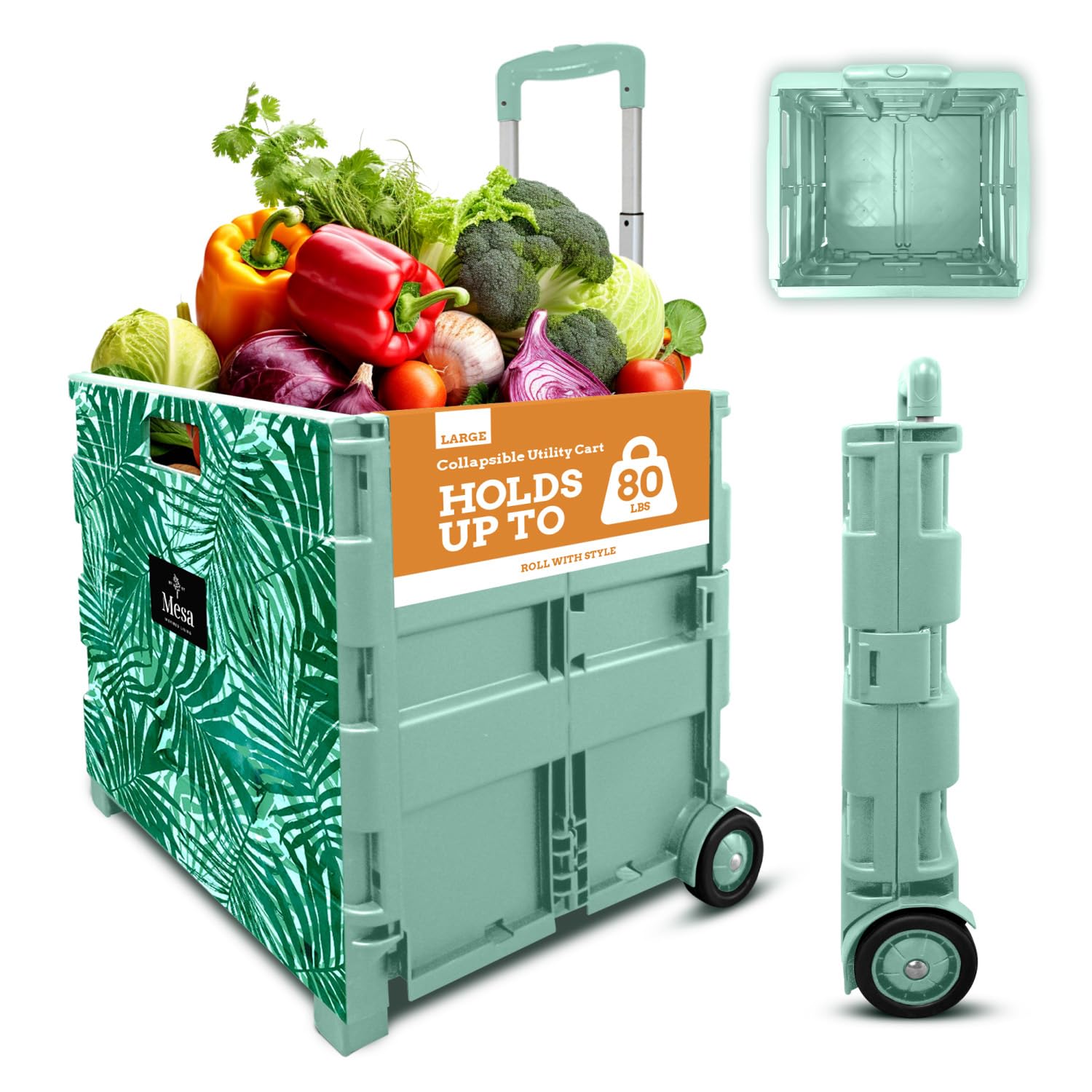 Inspired Living Ultra-Slim Rolling Collapsible Storage Pack-N-Roll Utility-carts, with Telescopic Handle, for Home, Garden, Shopping, Office, School