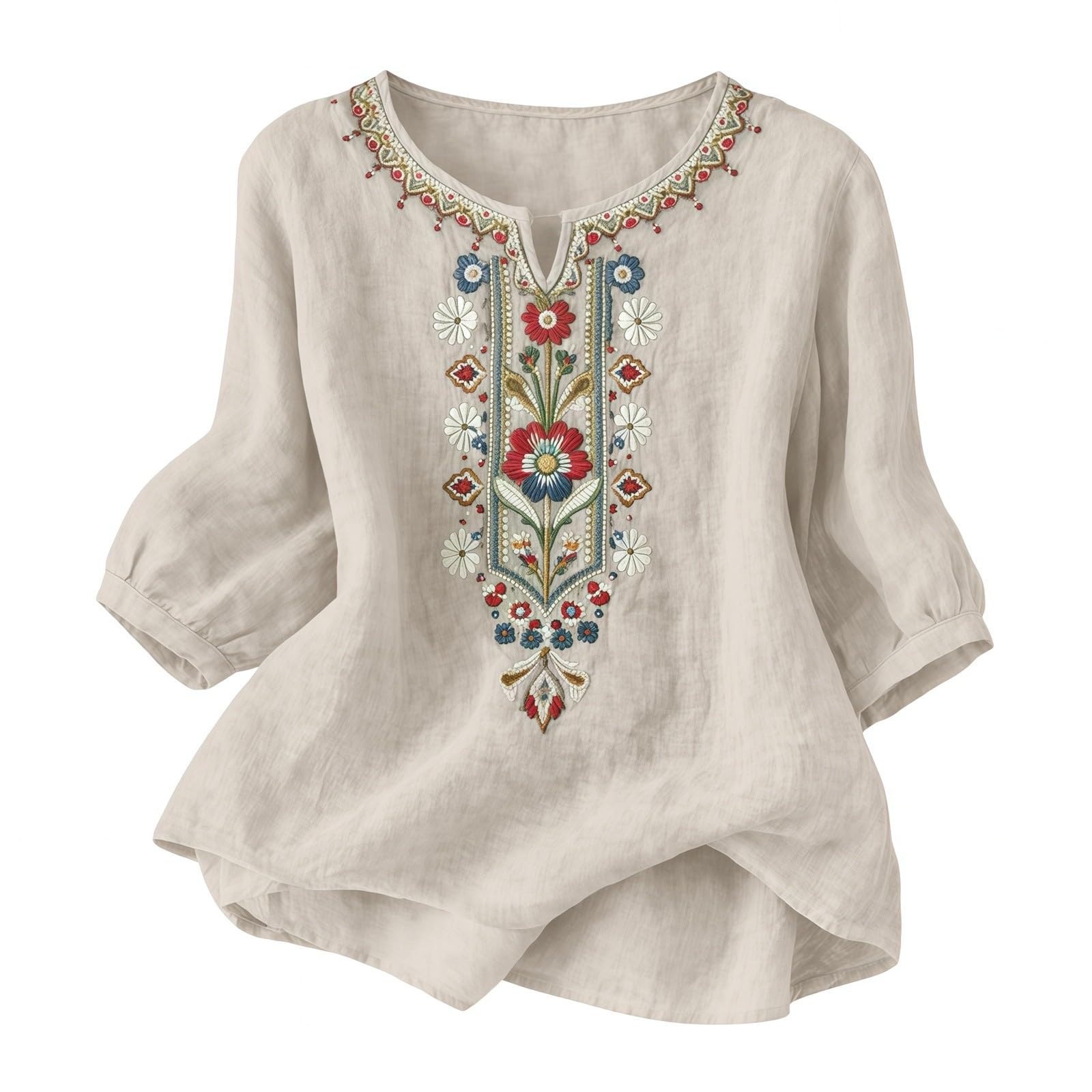 Genérico Camisas Mujer Primavera Manga 3/4 Algodón Lino Cuello V Bordado Étnico Blusa Transpirable Verano Oficina Suelta Casual Elegante Original Tops Fiesta Boho