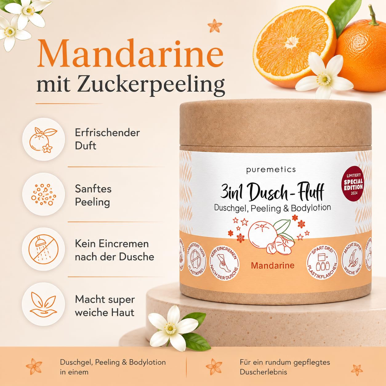 Puremetics 3in1 Dusch-Fluff, Mandarine mit Zuckerpeeling, LE, 250g