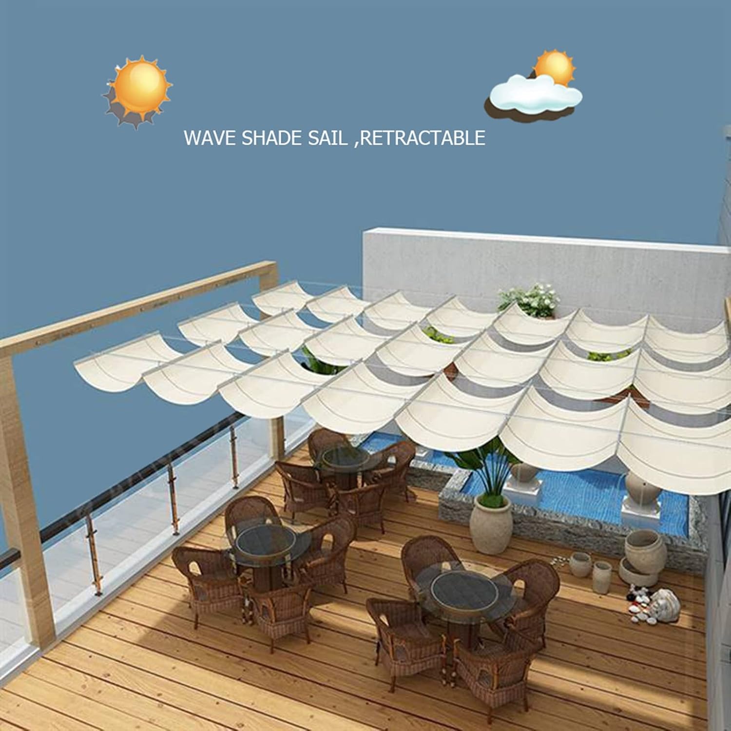 QWEASDF Retractable Shade Sail, Slide Wire Wave Shade Sail, Sun Shade Sail, UV Resistant Sun Protection Wave Canopy Cover with Mounting Kit for Pergola, Porch, Customizable(W1.3*L18m/W4.26*L59.05ft)