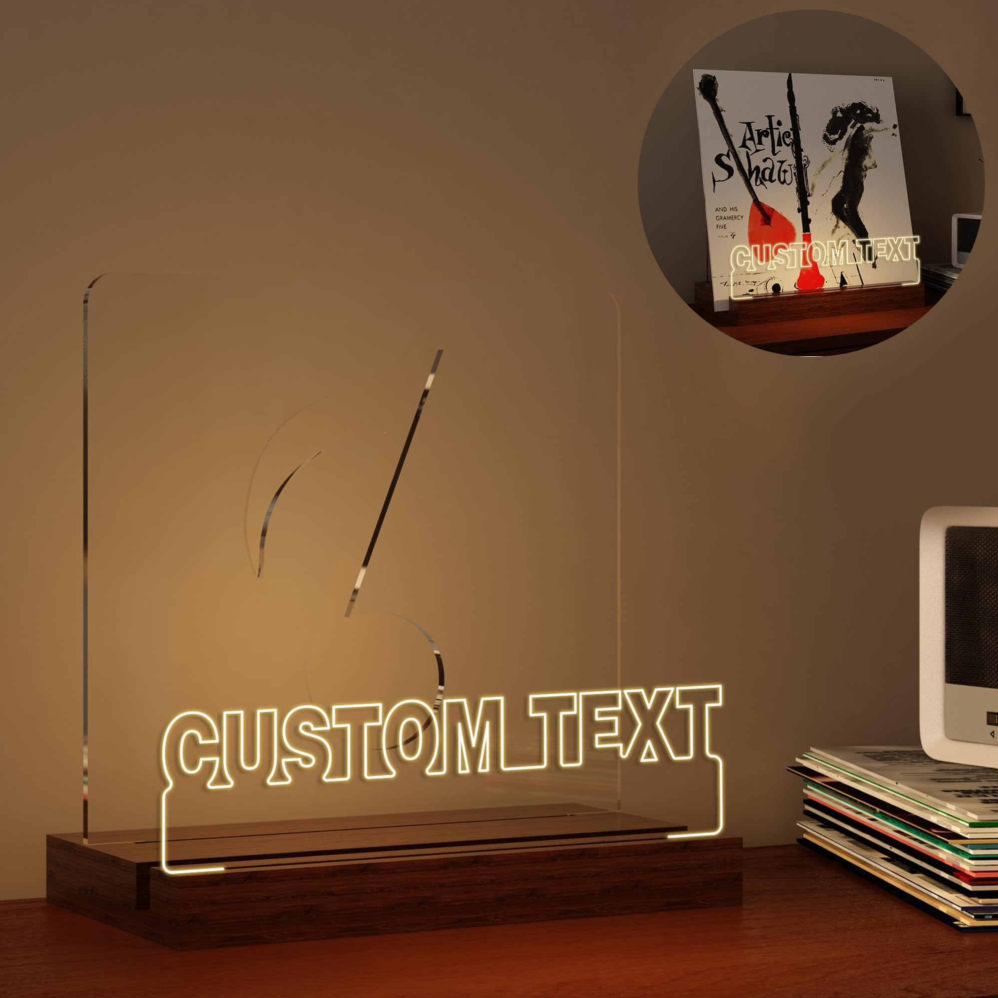YuanDian Personalised Light up Now Playing Vinyl Record Stand, Now Spinning Record Stand, Wooden Acrylic Holder for Vinyl Album Display Storage, Vinyl Record LED Display Storage