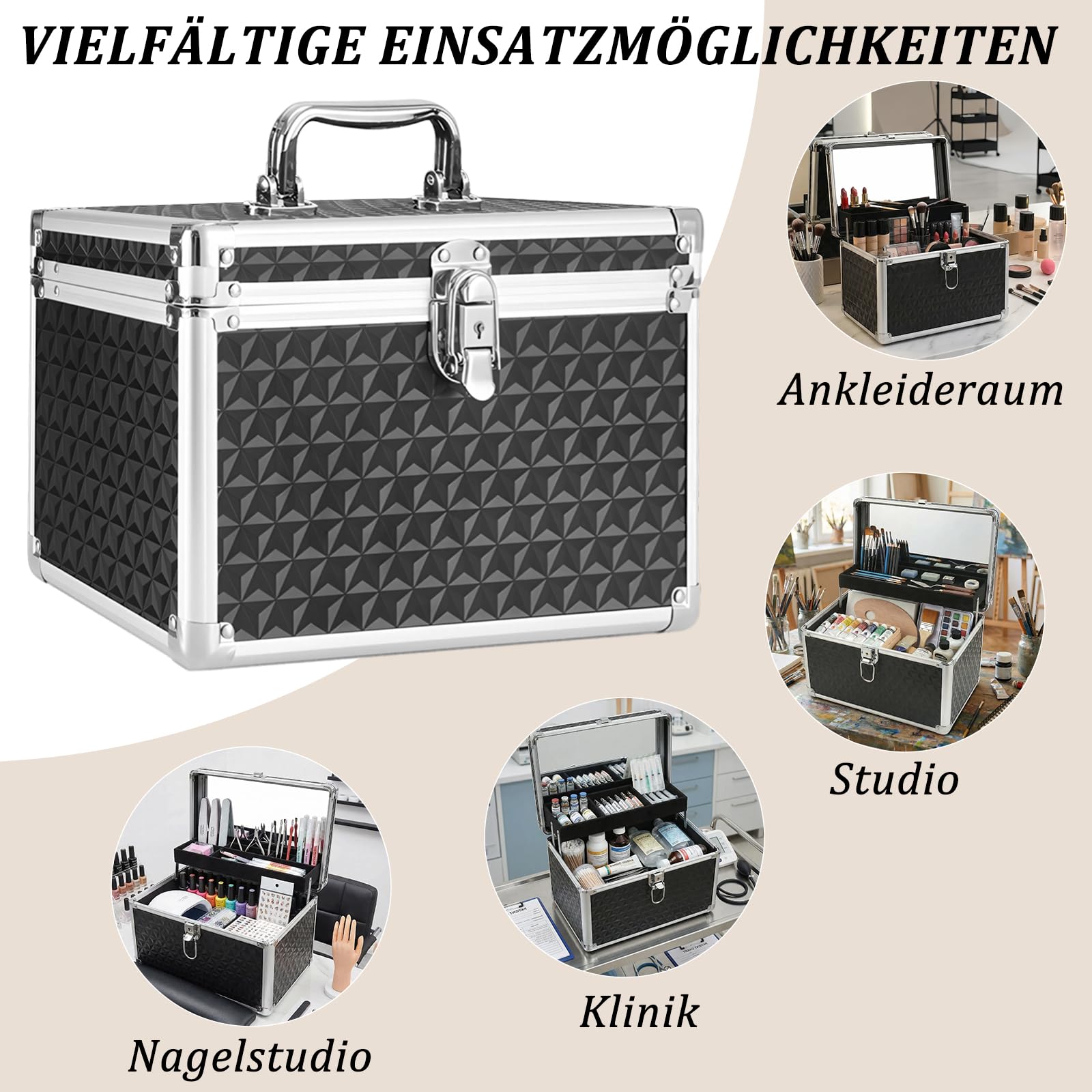 Valigetta per cosmetici vuota, con serratura a specchio e chiave, colore nero, con chiusura a chiave, piccola valigetta per cosmetici, Nero , 30 x 20 x 20 cm, Classico