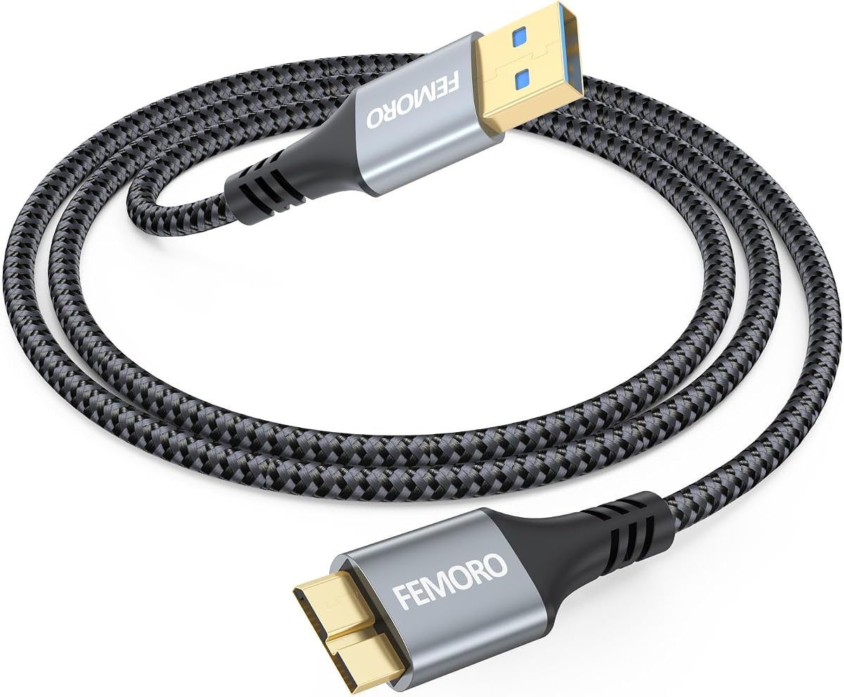 FEMORO External Hard Drive Cable 3ft, High Speed 5Gbps Data Transfer USB 3.0 A to Micro B Cord Replacement for Seagate, Western Digital WD My Passport, Toshiba Canvio, LaCie External SSD/HDD