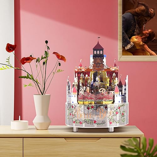 Miniatura 5 de Rompecabezas de metal 3D, caja de música de La Bella y la Bestia, kit de modelo de metal con luz LED colorida, modelo de tierra de metal, regalo