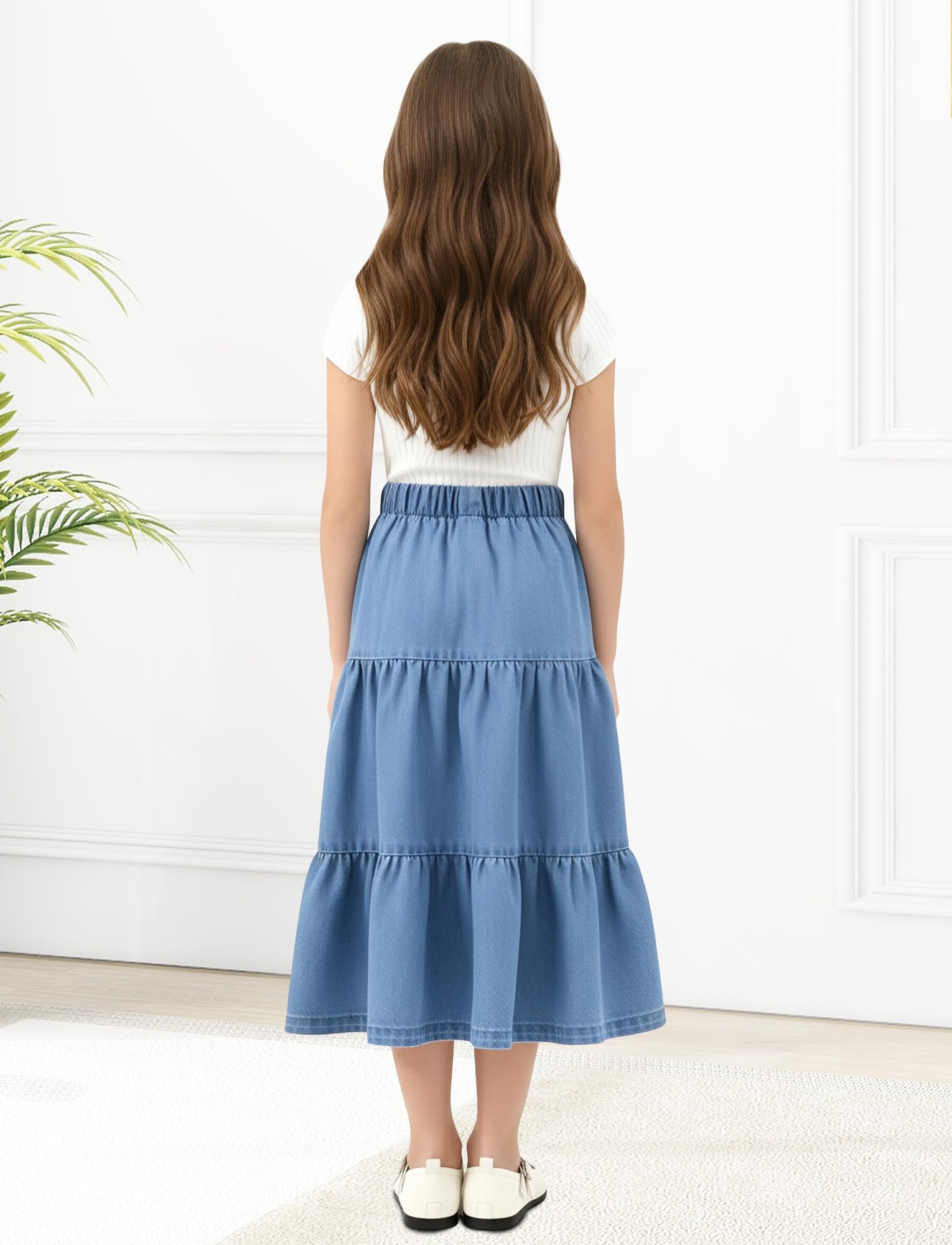 Gonna in denim elastica a vita alta con pieghe a balze a balze lunga swing maxi gonna di jeans vintage per bambini