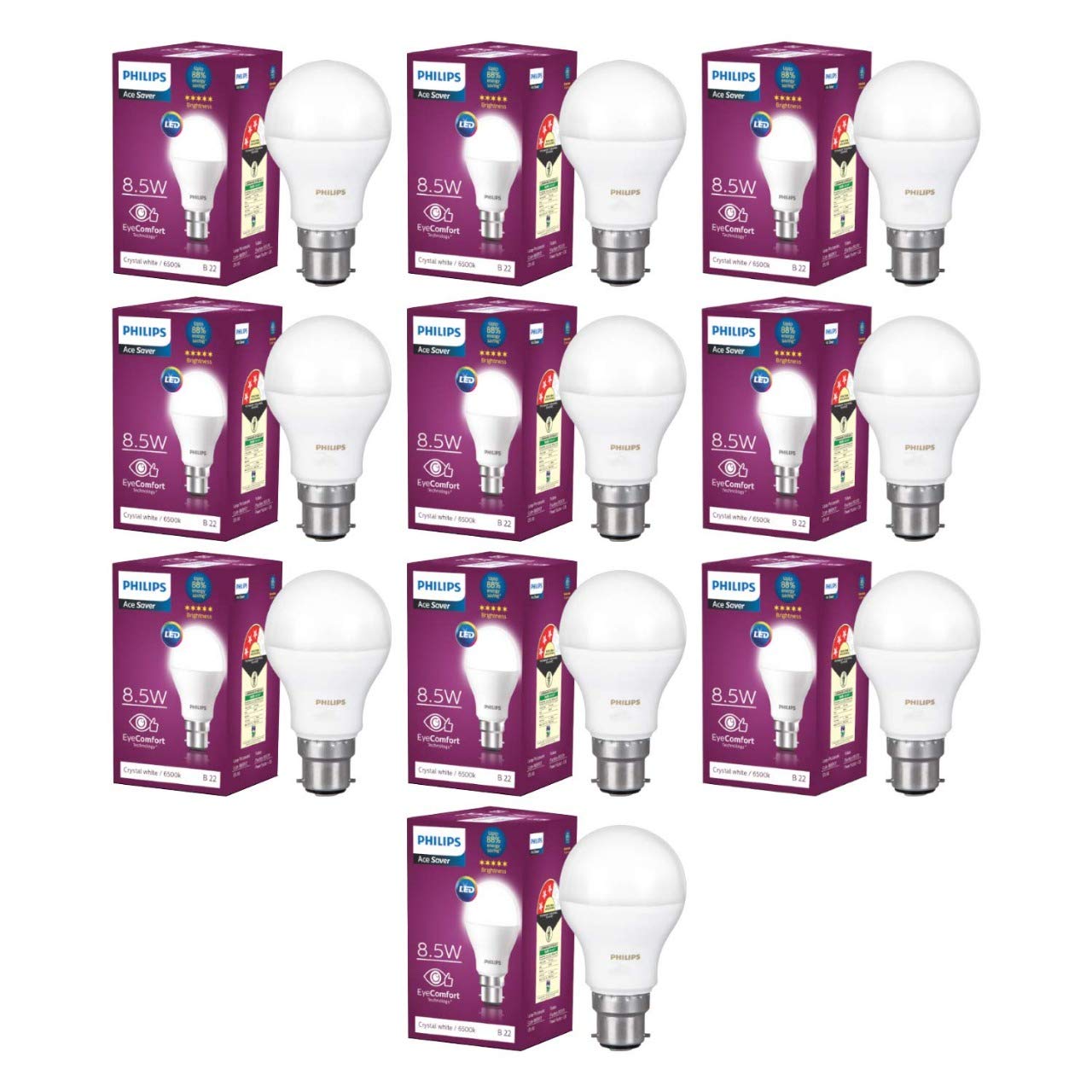 Philips Ace Saver 8.5W B22 LED Bulb, Crystal White, Pack of 10 (B07M5V73L3) Amazon Price History, Amazon Price Tracker