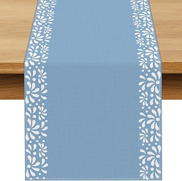 Blue Cielito Lindo Table Runner Mexican Boys Baby Shower Decoration Talavera Fiesta Mexicanos Dia De Los Muertos Dining Room Home Kitchen Table Decor Blue, 13" x 72"