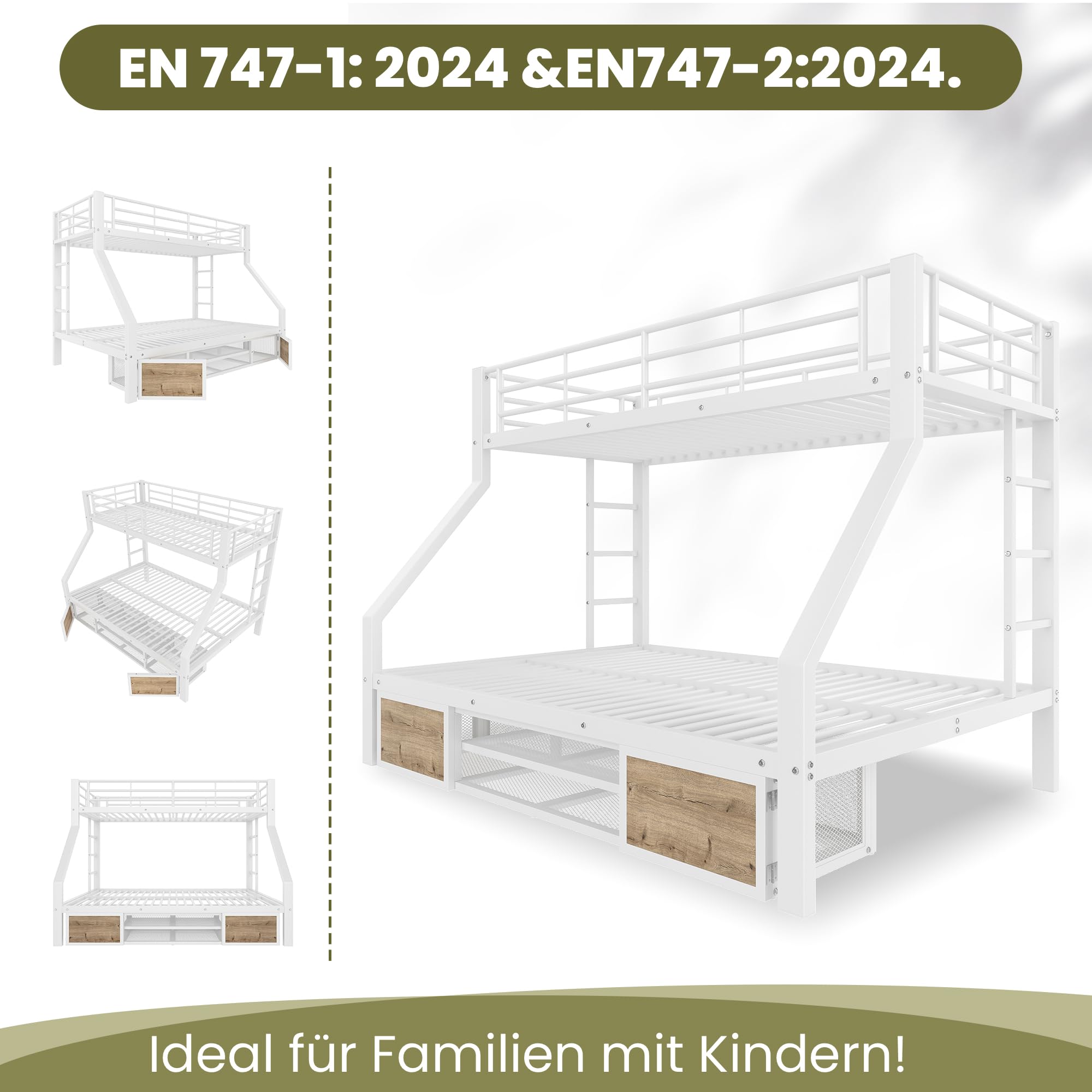 Soweiz Letto a castello 90 x 200 cm, 140 x 200 cm, culla con scarpiera, portaoggetti, ringhiere di sicurezza, scaletta, senza materasso (bianco)