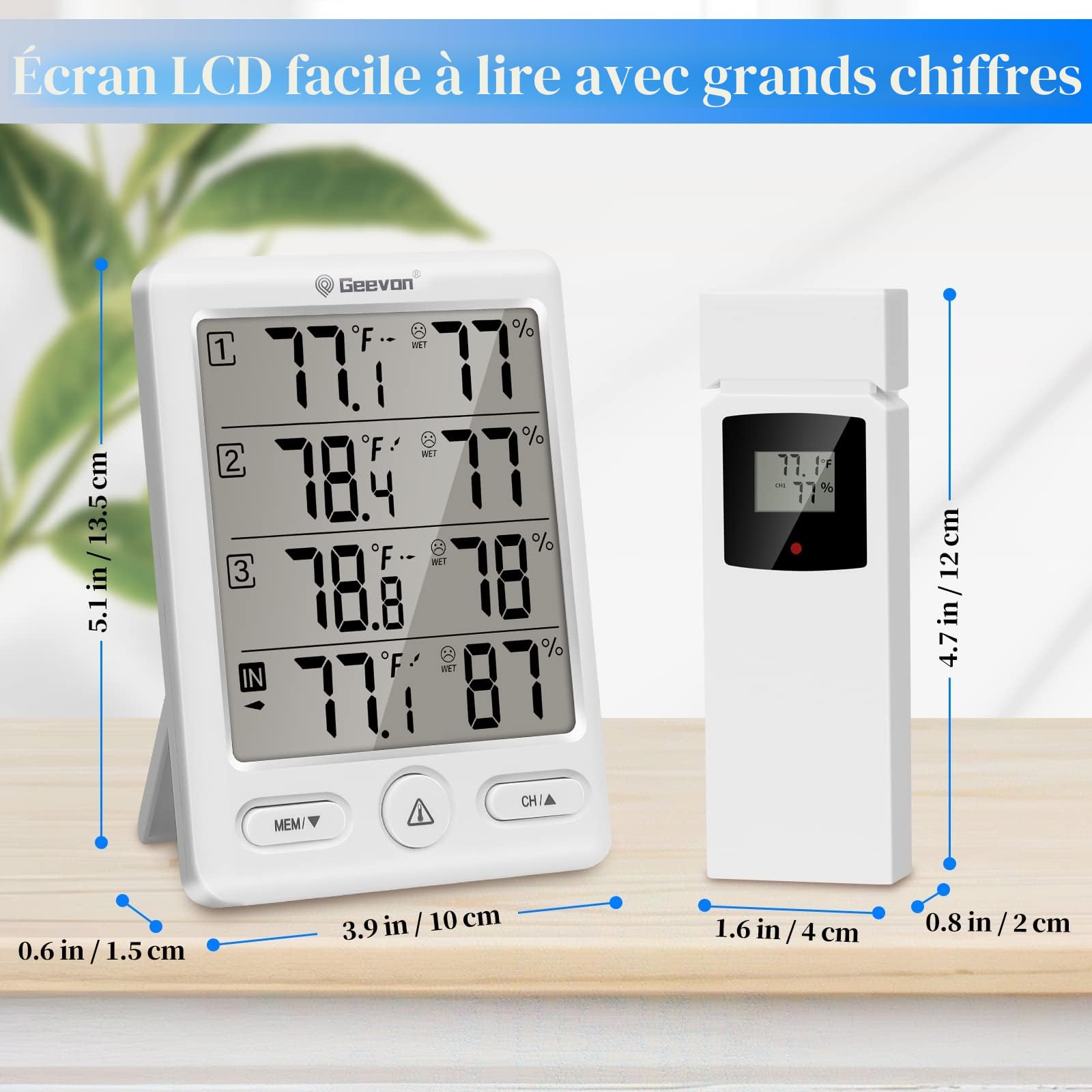Geevon Thermomètre intérieur extérieur sans fil avec 3 capteurs à distance, hygromètre électronique, jauge de température avec portée de 60m Conditions sans obstruction