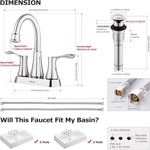 Miniatura 4 de PARLOS Grifo de baño con boquilla giratoria de 2 manijas color oro cepillado con drenaje emergente y líneas de suministro, Demeter 1362708