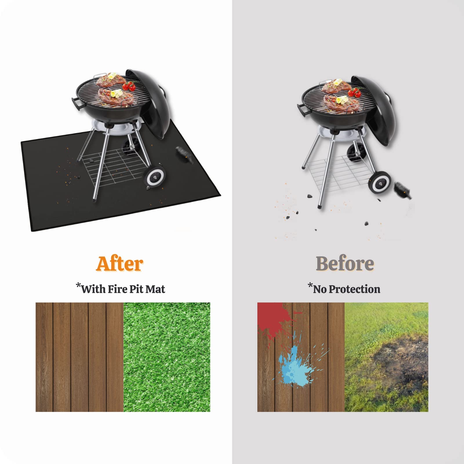 Tapis de barbecue d'extérieur 150 x 102 cm, imperméable, résistant à l'huile, ignifuge, double face, réutilisable, carré, noir