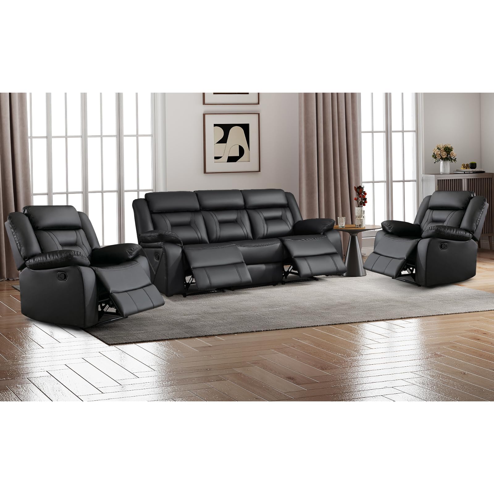 EBELLO Faux Leather Recliner Sofa Furniture Set for Living Room, 2 Recliner Chairs, 3 Seat Reclining Sofa Couch Set for Meeting Room, Black view 7