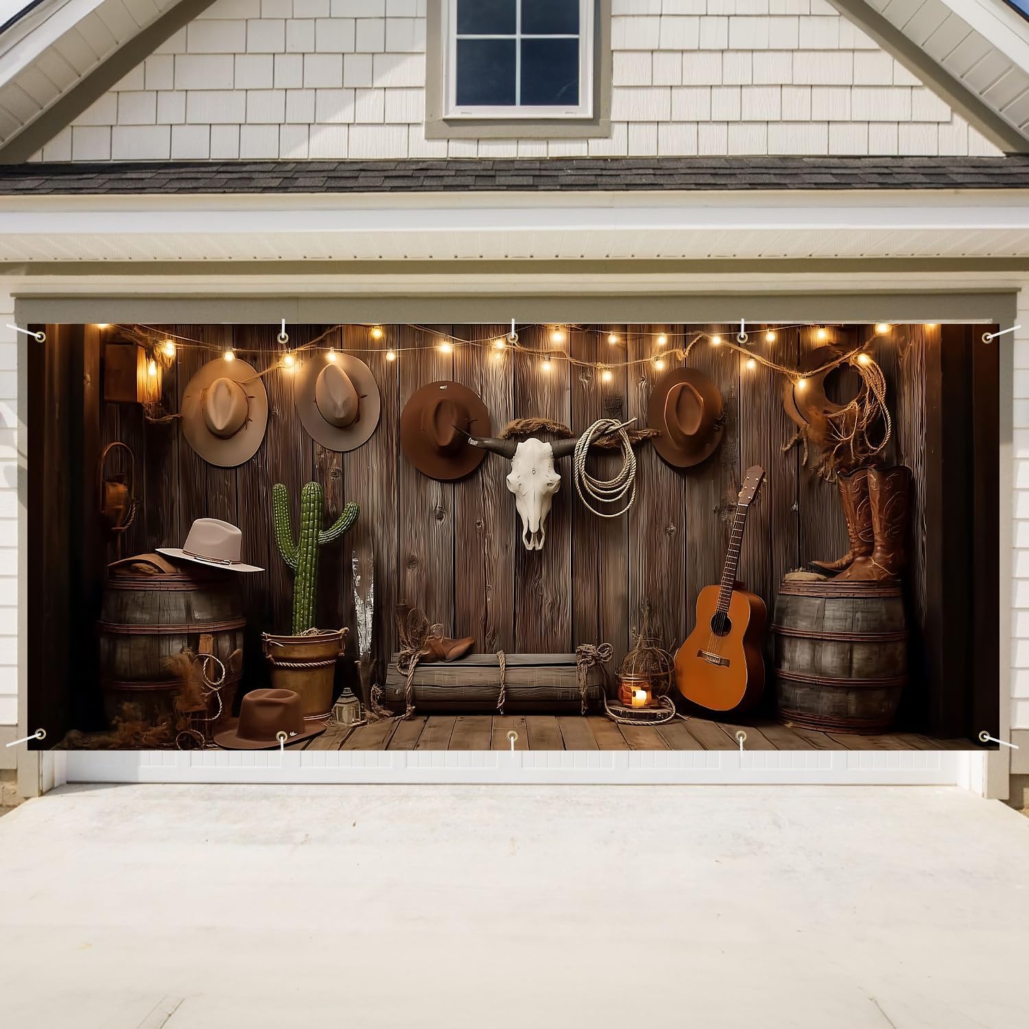 Garage Door Cover Banner 7x16 Ft - Western Cowboy Wild West Banner for Man Women Cave, Barn Door, Photography Backdrop, Birthday Party, Rustic Farmhouse Outdoor Indoor Decor