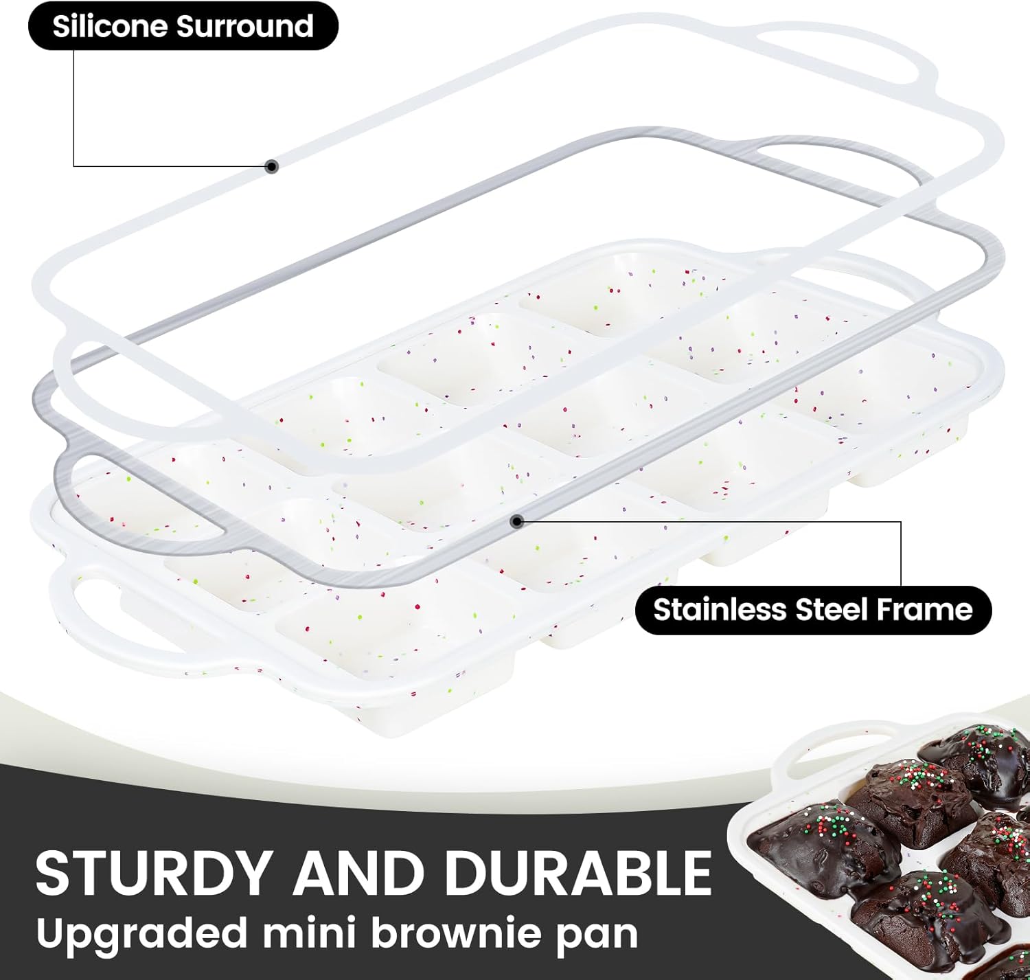 Vinino Silicone Brownie Pan With Dividers, 2 Pack Mini Loaf Pan for Baking Individual, Nonstick 12 Cups Square Muffin Cupcake Pans with Metal Reinforced Frame-Cream - Image 2