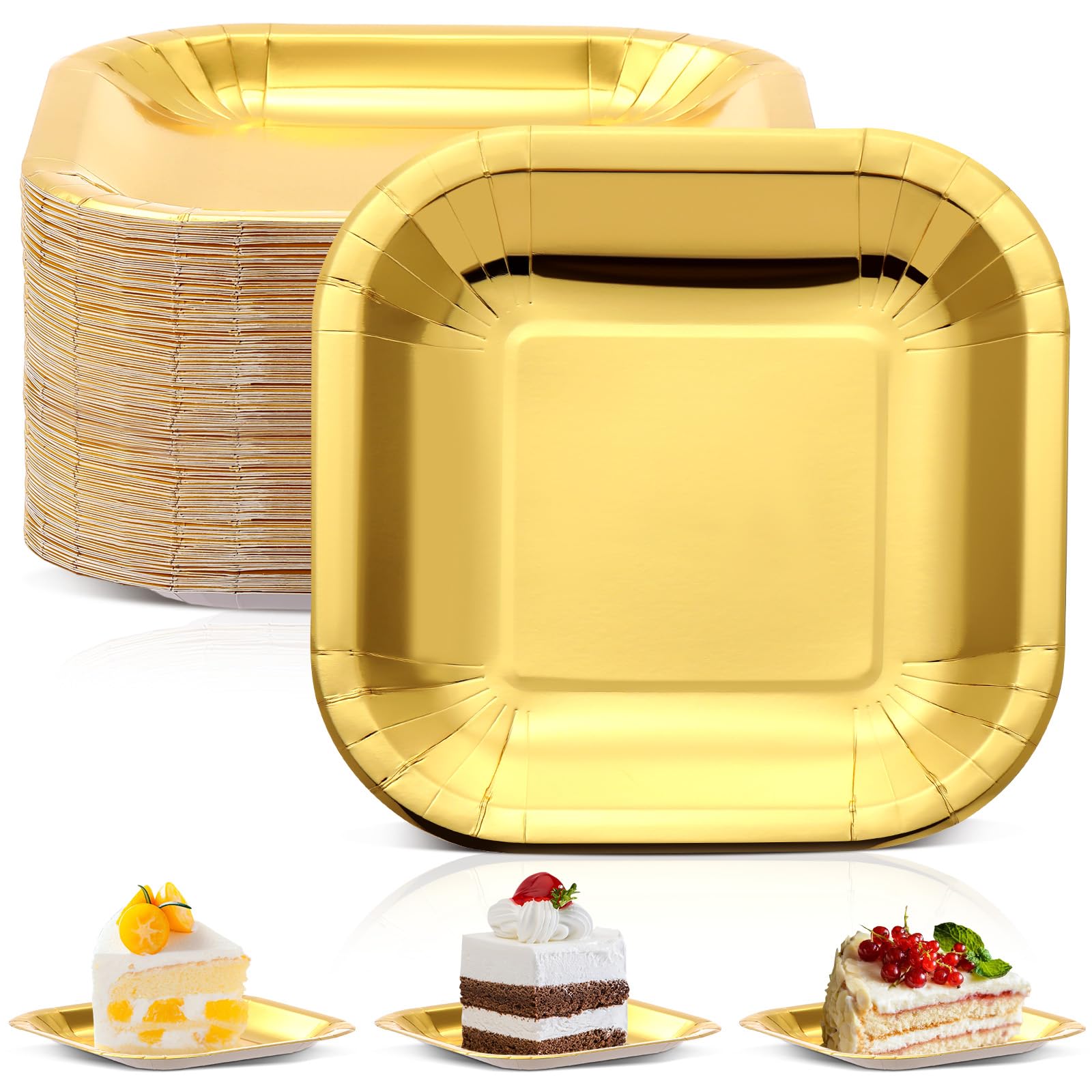 Platos cuadrados de papel dorados de 7 pulgadas para postres y tartas, paquete de 50 unidades