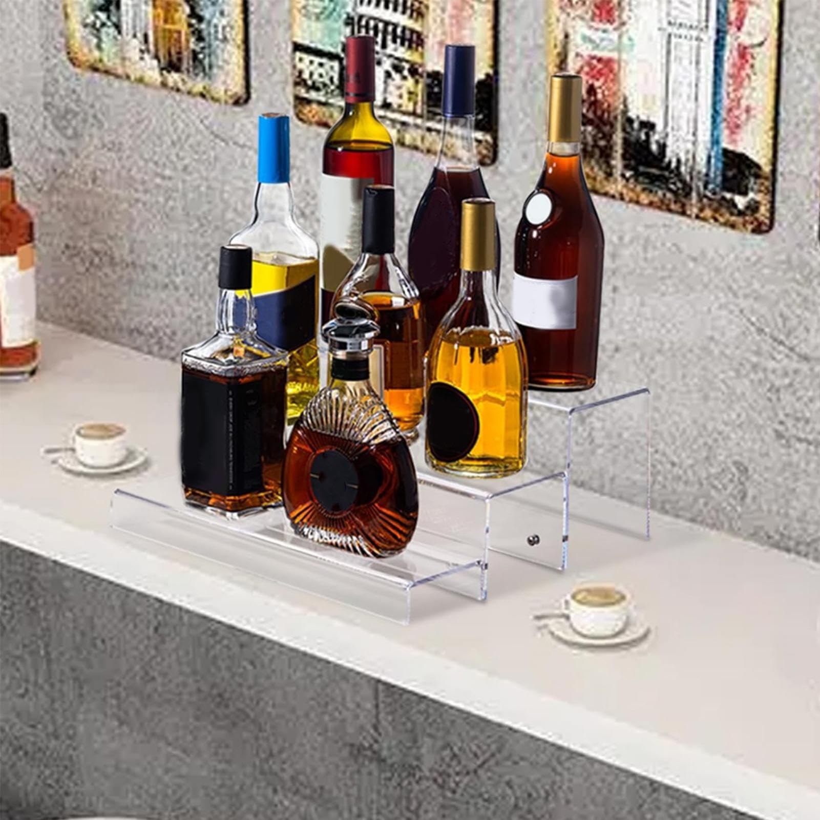 Liquor Bottles, 3-Tier Acrylic Liquor Display Stand, Liquor Bottle Riser Shelf, Wine Bottle Display Rack For Home Bar, Acrylic Liquor Bottle Stand, Tiered Wine Bottle Organizer, Home Bar Liquor Shelf