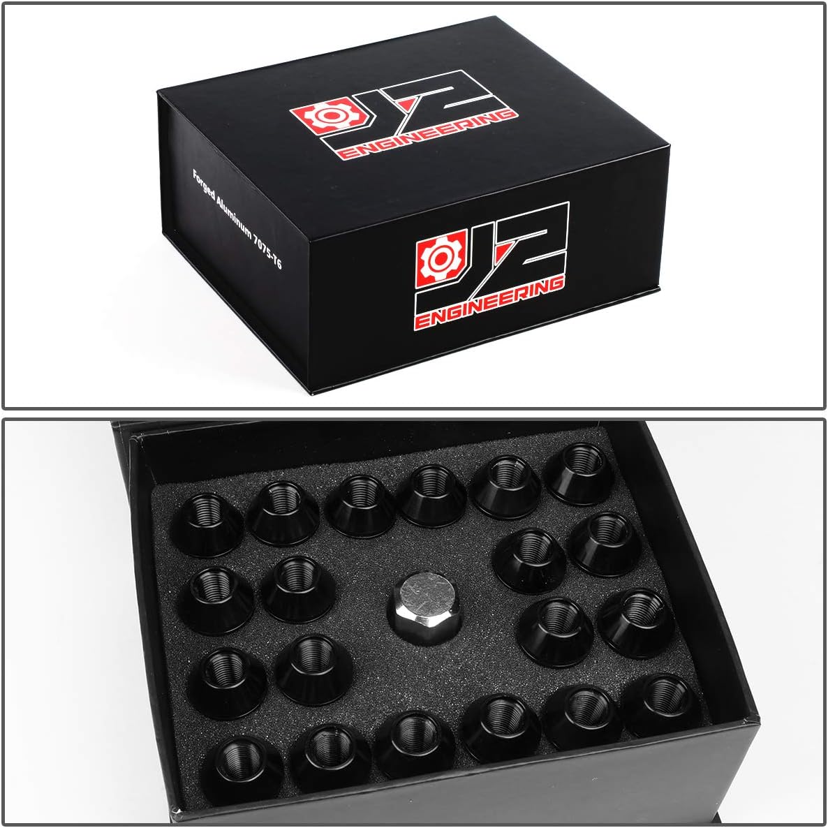 J2 Engineering 7075-T6 Aluminum M12x 1.25 20Pcs 50mm Tall Open-End Lug Nut w/Socket Adapter Black