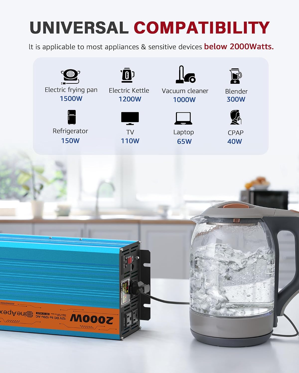 2000 Watt Inverter Pure Sine Wave DC 12V to AC 120V Power Inverters, Car Inverter Solar Power Inverters for Vehicles Home with LCD Display and 2.4A USB Charging Ports,with 3 AC Charger Outlets