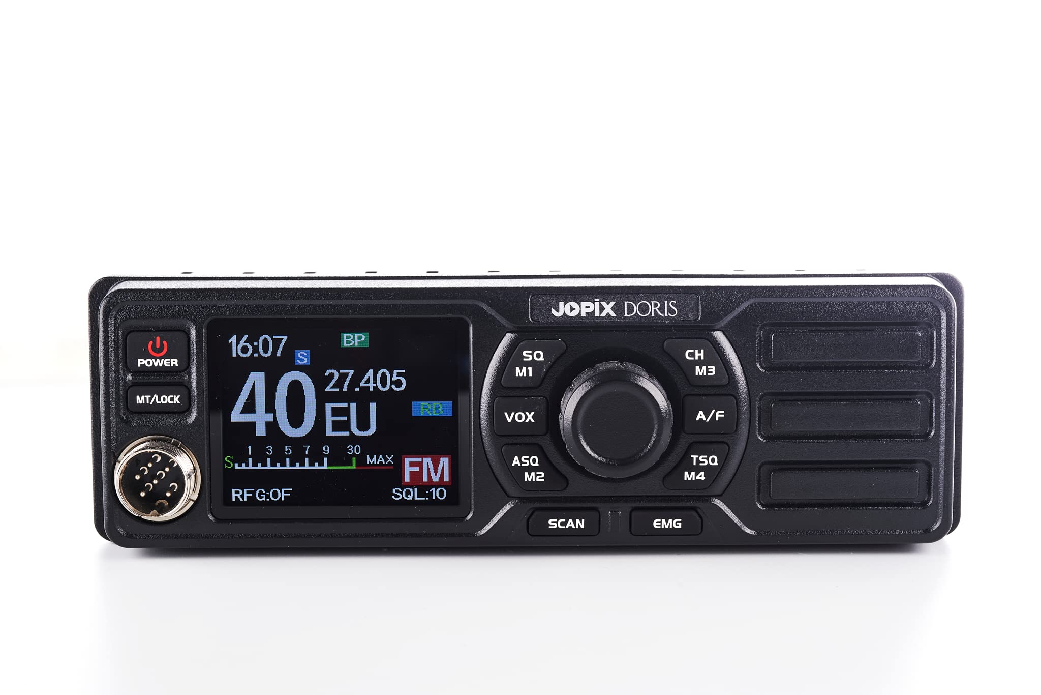Jopix Doris Émetteur-Récepteur CB 27 MHz Multinorme AM/FM – Haut-Parleur Frontal, Écran Couleur, 12V/24V, Format Ultra-Compact (6cm Profondeur), Mains Libres VOX