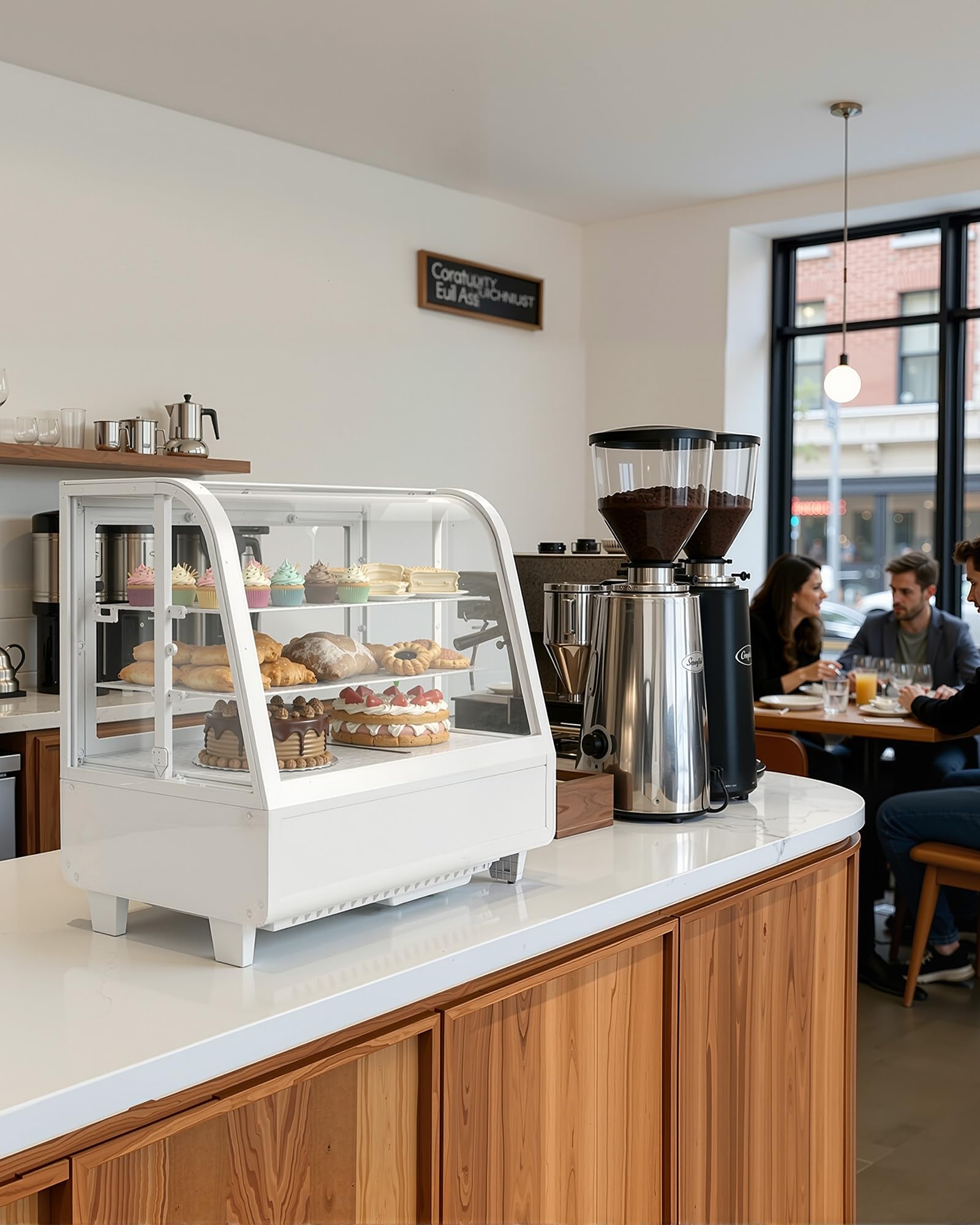 Upstreman Vitrina Refrigeradora 100L con Iluminación LED, Control Digital de Temperatura 2-10°C, 2 Estantes Ajustables, para Cafetería, Panadería y Pastelería, CD101 Blanco