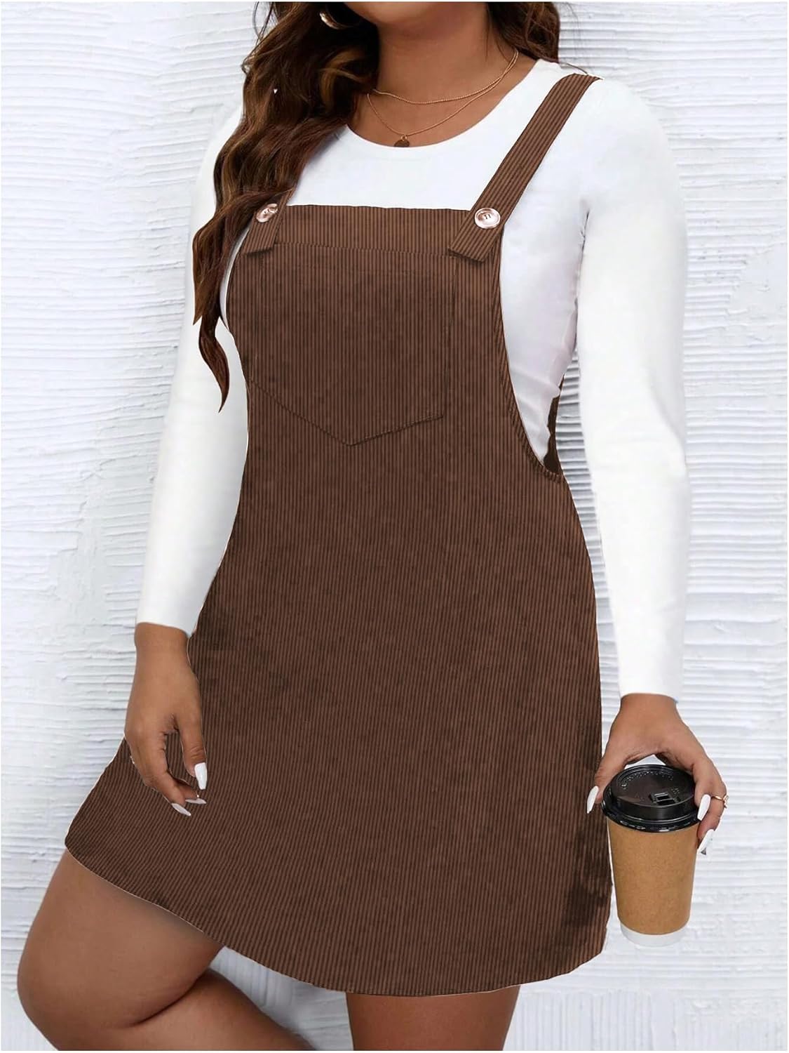 WDIRARA Women's Plus Size Corduroy Sleeveless Short Pinafore Overall Dress with Pocket - Image 3
