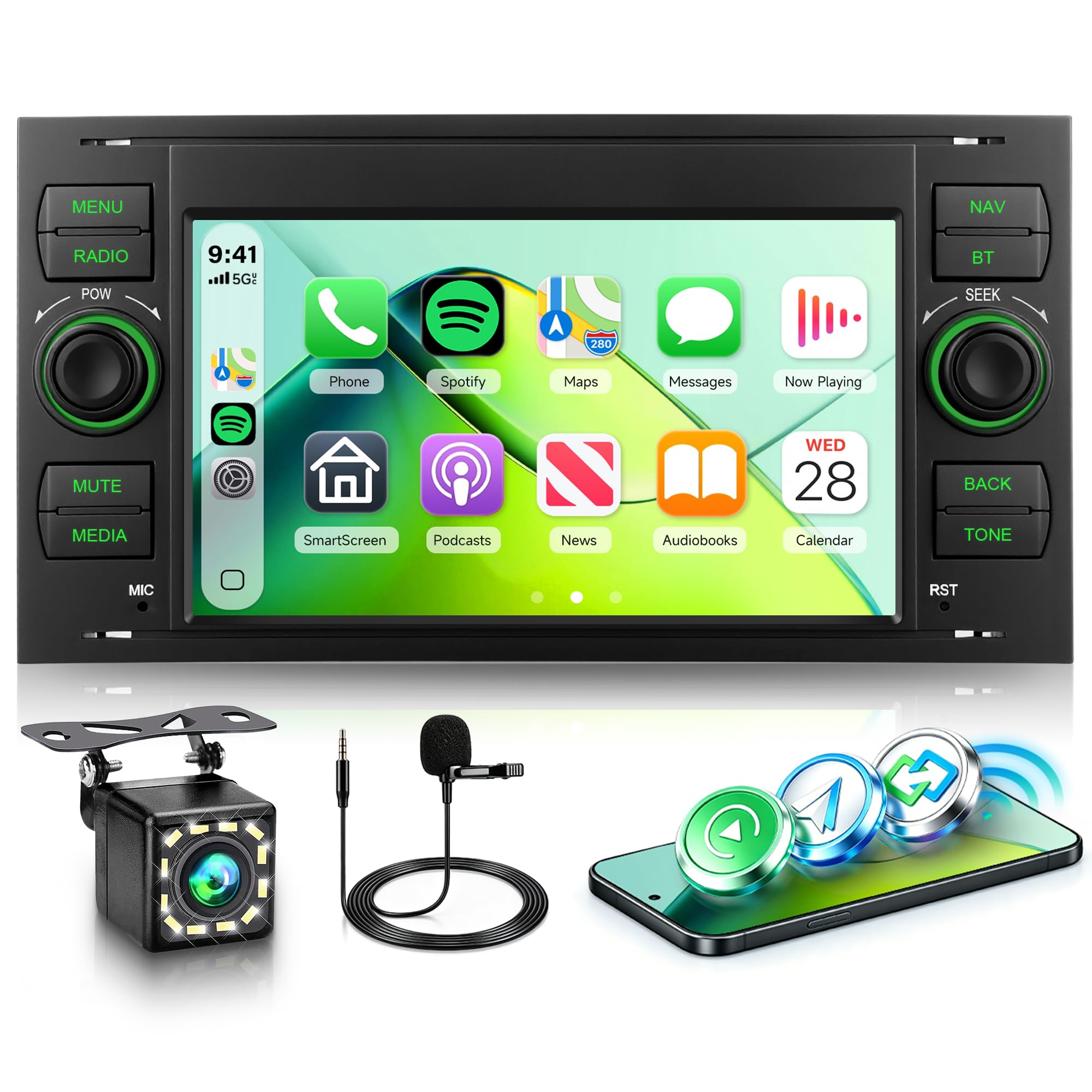 Rimoody Autoradio für Ford Focus C-Max S-Max Kuga Fiesta Transit Fusion Mondeo Galaxy Connect Wireless Carplay Android Auto Bluetooth FM/AM/RDS, 7 Zoll Touchscreen Radio EQ/SWC/USB/Navi Rückfahrkamera