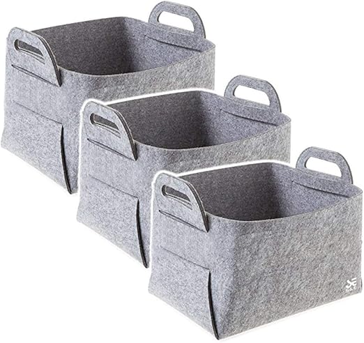 Amazon 収納ボックス 折り畳み 取っ手付き 小物入れ フェルト生地 おしゃれ 北欧 衣類 クローゼット インテリア 日用雑貨 グレー 3個セット 収納ケース ボックス オンライン通販