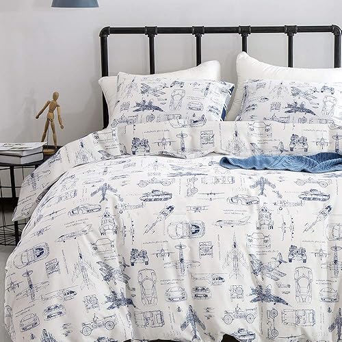Miniatura 5 de KAREVER - Juego de edredón de avión, tamaño Queen, juego de cama blanco de caricatura, con estampado de tanque, avión y automóvil, para adolescentes