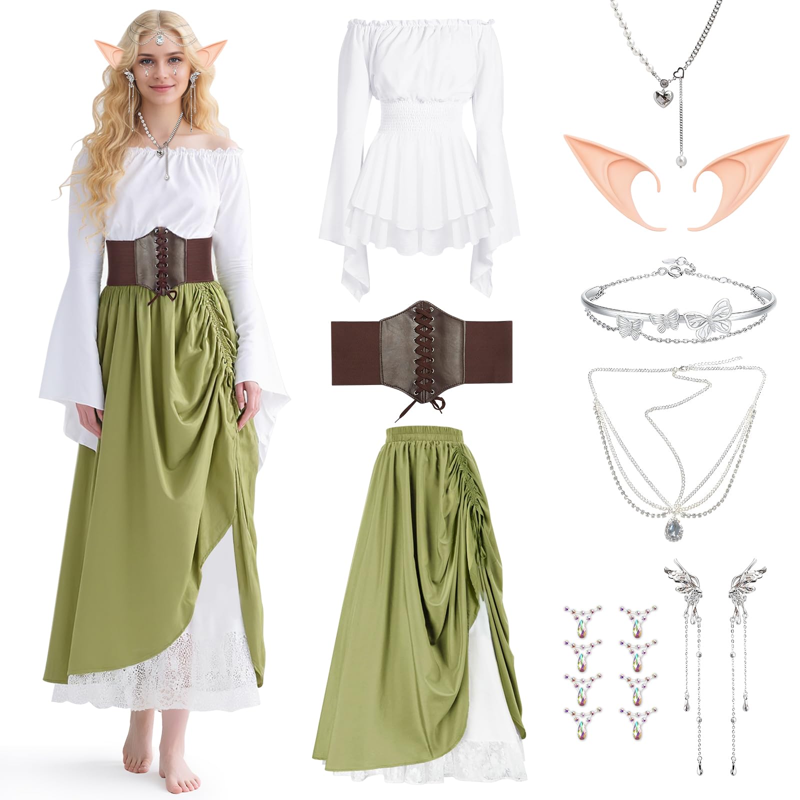 TOSZOLY Vestido Medieval para Mujer, Vestido Renacentista con Collar de Orejas de Elfo, Cinturón, Ropa Gótico Vintage Carnaval Halloween Cosplay, Retro con Hombros Descubiertos Fiestas de Princesas