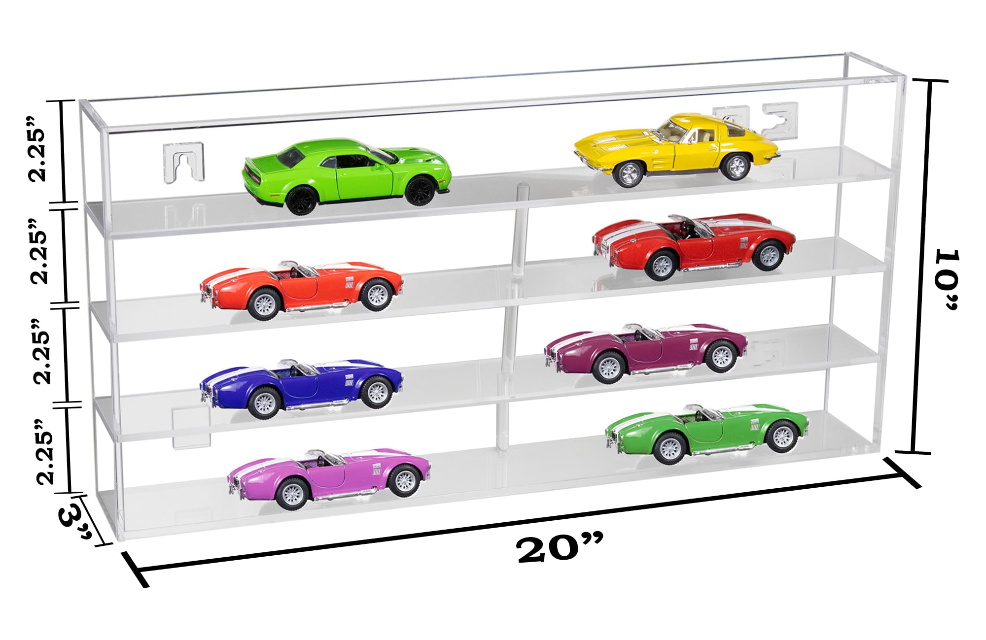 Better Display Cases Clear Acrylic Model Car Display Case with 4 Shelves and Clear Wall Mount (Vertical or Horizontal) - (A123)