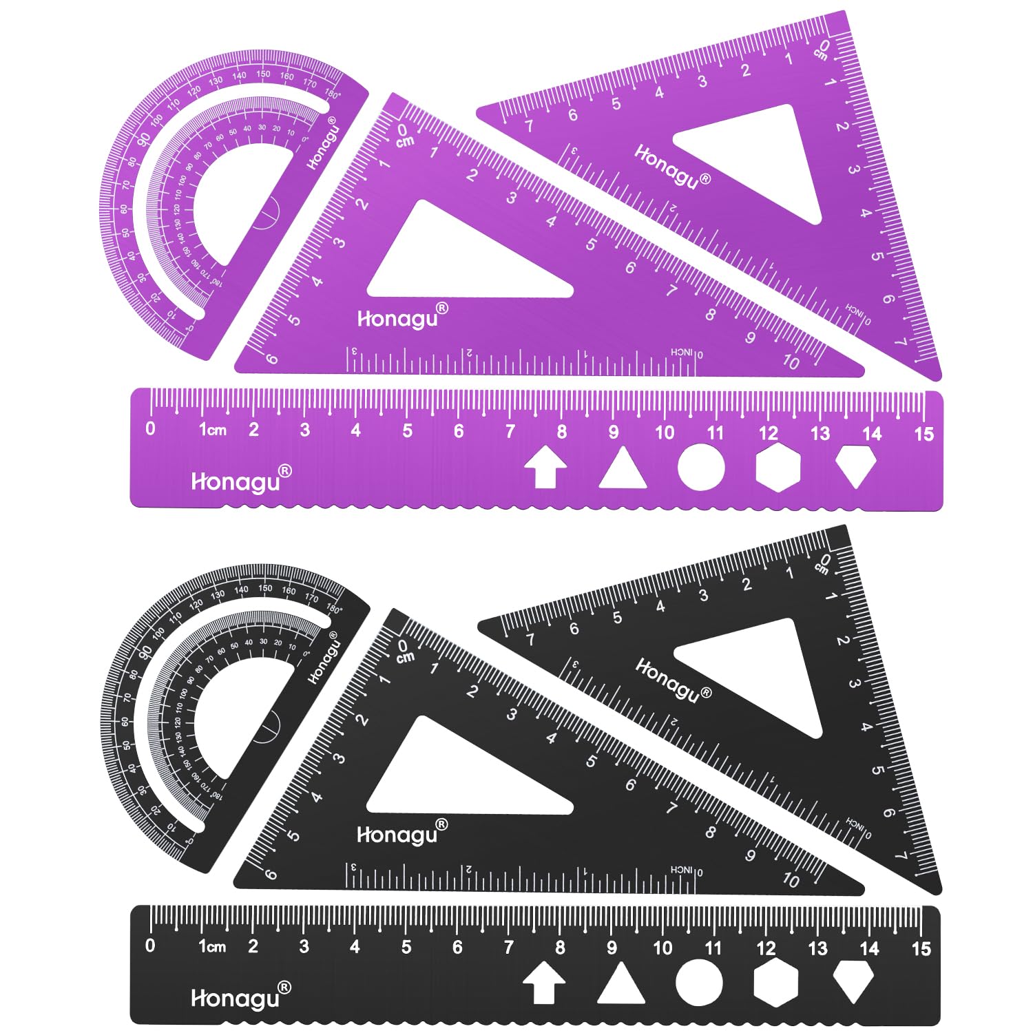 Honagu Triangular Ruler Set, 2 Set / 8 Pieces Aluminum Alloy Ruler, Metal Drafting Ruler, Geometric Protractor for Student,Draftsman, Engineers, Home School Office Supplies(15cm/5.9inch, Red & Black)