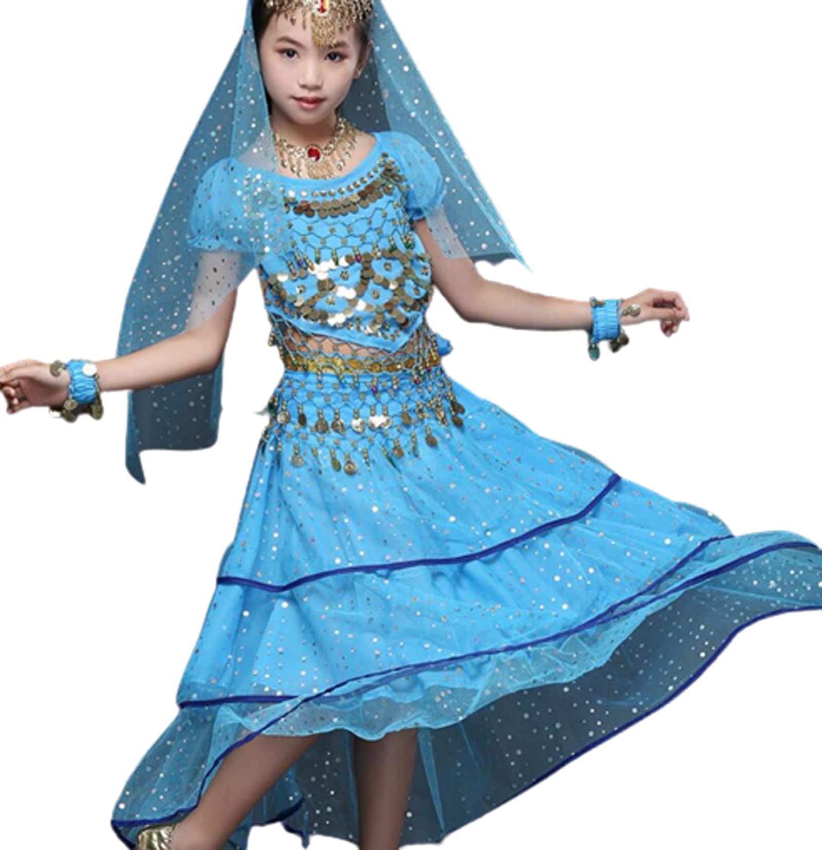 OTMYIGO Mädchen Bauchtanz Pailletten Indian Dance Kostüm 5-teiliges Set Bollywood Kleider Bauchtanz Performance Kleidung Sets,Blau,M
