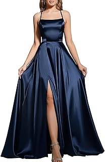Women's Spaghetti Straps Prom Dresses Long Satin Bridesmaid Dress with Slit Formal Party Gown - Buy now
