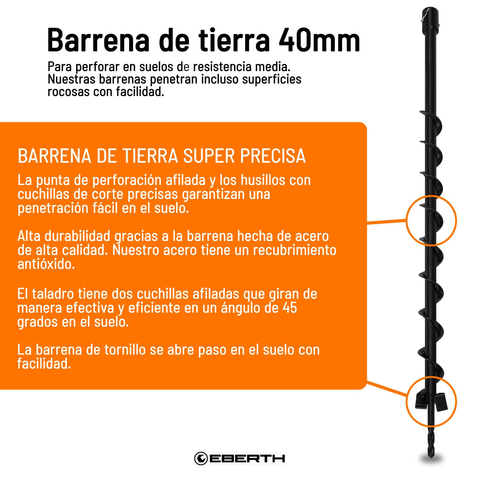 EBERTH Sinfín de Jardín de Acero para Ahoyadora, Compactadora de Tierra y Plantador Manual de Hortalizas, Diámetro 40 mm, Longitud 800 mm, Diámetro de Montaje 20 mm, Con Filo de Corte de 45°