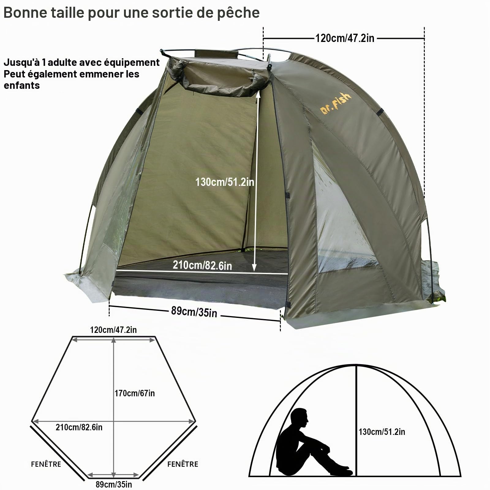 Dr.Fish Tente de Camping pour Pêche Carpe - Légère et Installation Rapide et Respirante – avec Sac fourre-Tout, Etanche à l'Humidité pour Pique-Nique Randonnée Pêche en 4 Saison