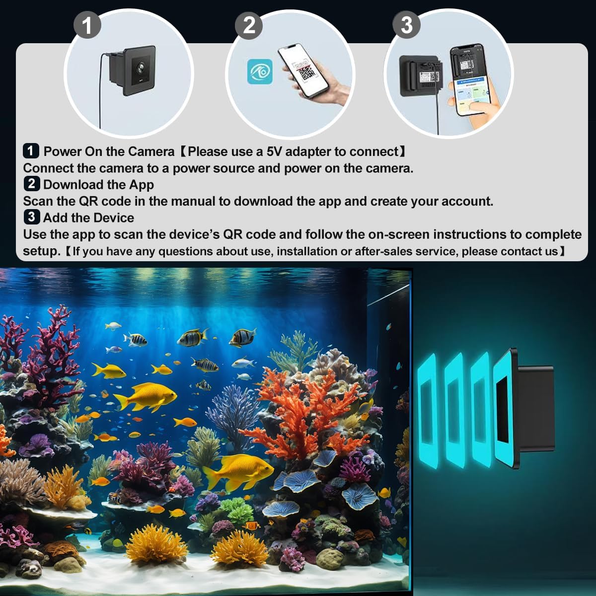 2K HD Aquarium Camera for Fish: Tanks Reptile Terrariums Camera - Anti-Glare Lens Night Vision Two-Way Audio AI Motion Detection – Aquarium Accessories with 32GB SD Card 850mAh Battery & Instructions