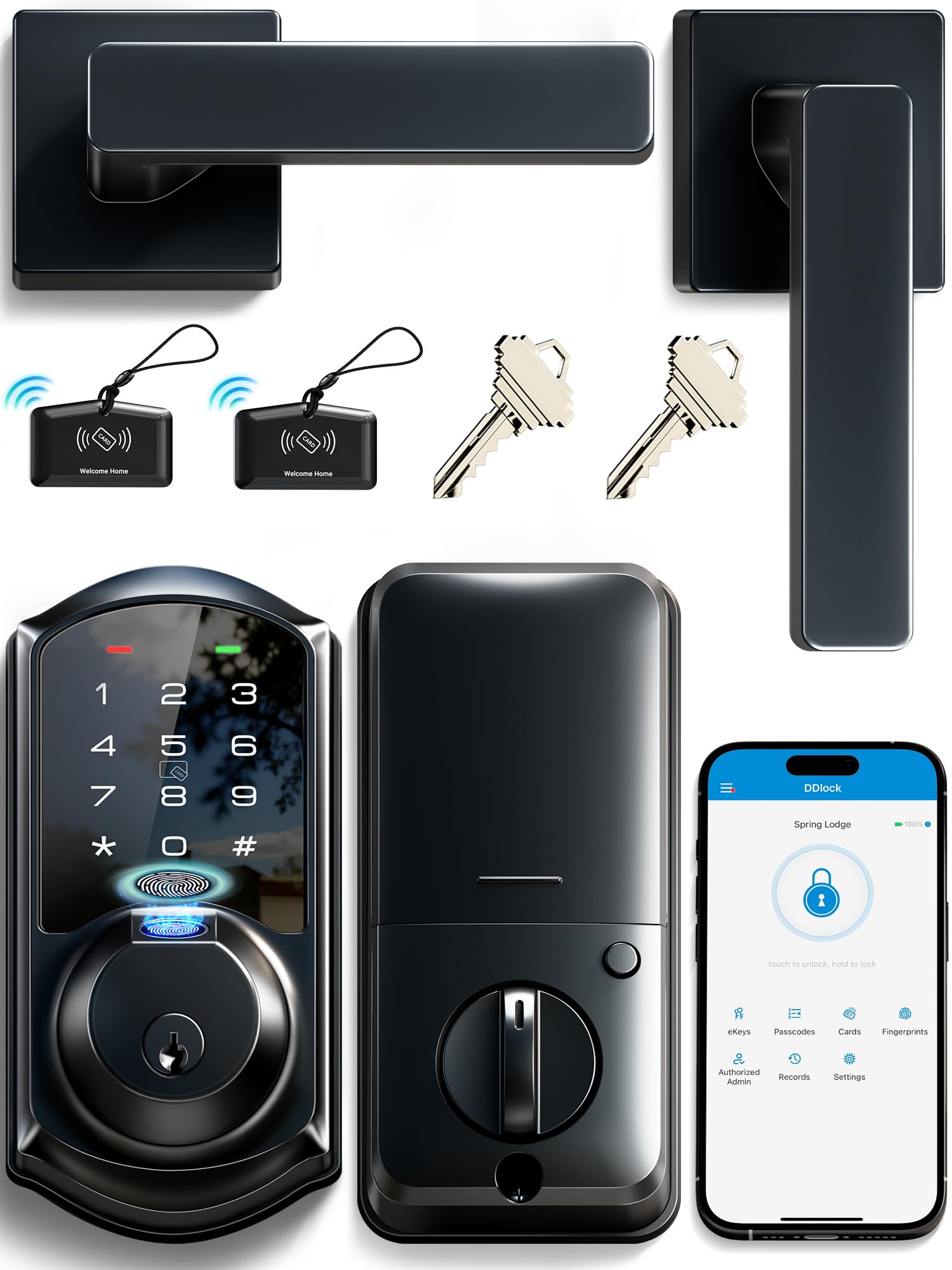 Veise VE07-L Fingerprint Smart Locks for Front Door with 2 Lever Handle Set, App Control, Keyless Entry, Electronic Digital Keypad Deadbolt, Auto Lock, Waterproof, Easy to Install, Matte Black