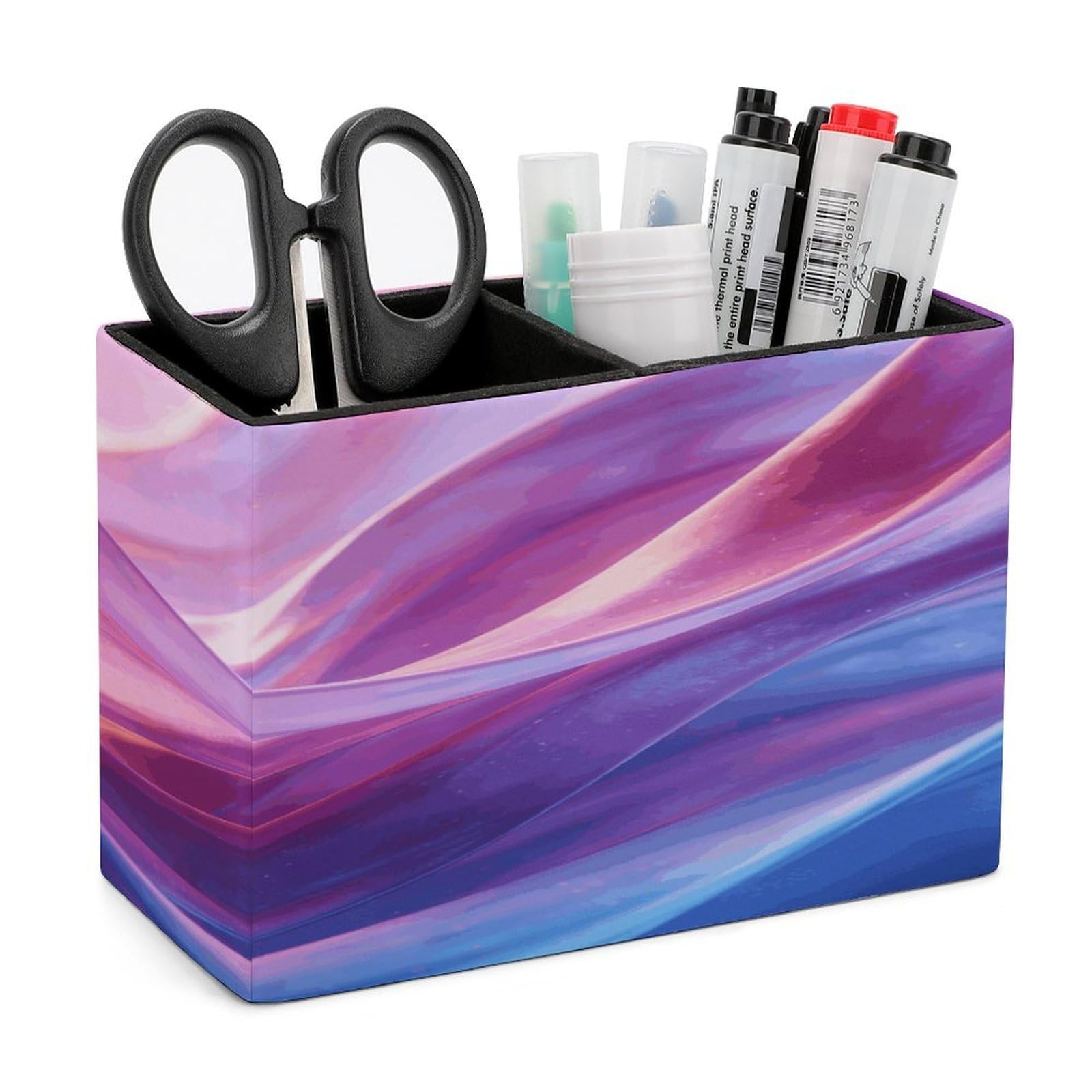 LZQPOEAS Pink Colorful Waves Abstract Swirls Pen Holder Double Compartments Pen Cup Makeup Brush Holders Leather Pencil Holder Locker Organizer for Work Locker Accessories Modern Pencil Cup for Desk
