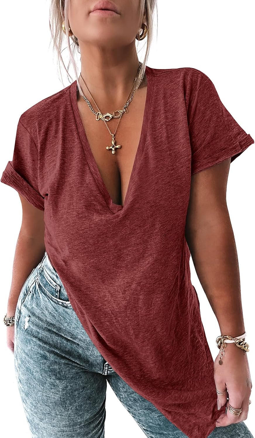 Tankaneo Womens Deep V Neck Short Sleeve T Shirts Summer Oversized Tshirts Casual Loose Fit Tunic Tops