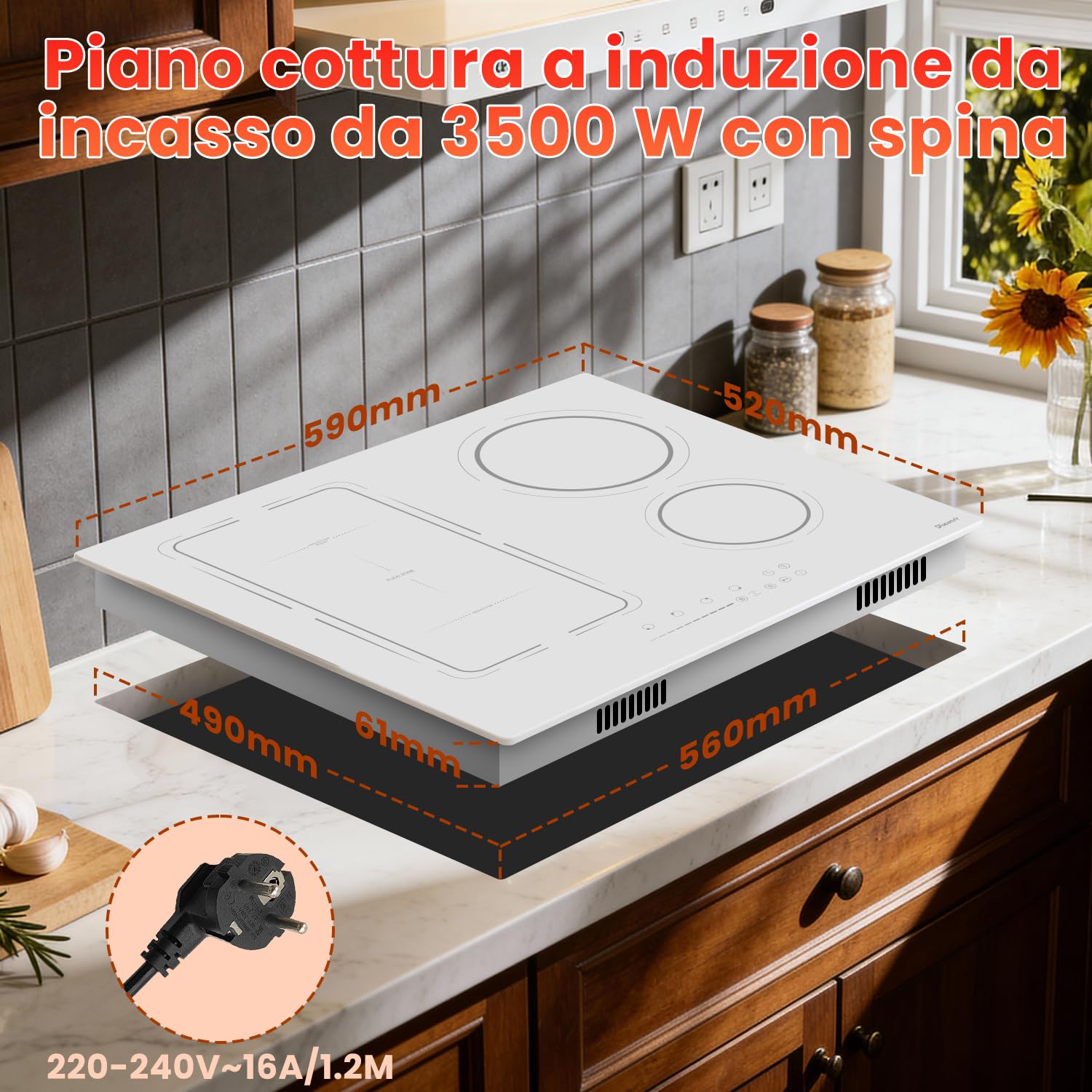 Piano Cottura Induzione Bianco 4 Fuochi con Spina, Piano a Induzione 3500W con Zona Flessibile, Funzione Boost, Timer, Pausa, Mantenimento in Caldo, Blocco di Sicurezza, 220V