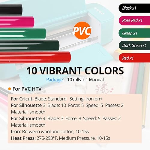Miniatura 2 de Paquete de 10 vinilos de transferencia de calor HTV de 12 pulgadas x 3 pies para camisas, rollos de vinilo para planchar para Cricut, fácil de
