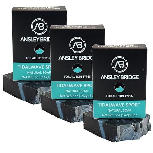 Ansley Bridge Tidalwave Sport - Jabón en barra natural para hombres, paquete de 3, 5 onzas cada uno, jabón hecho a mano con aceites esenciales,